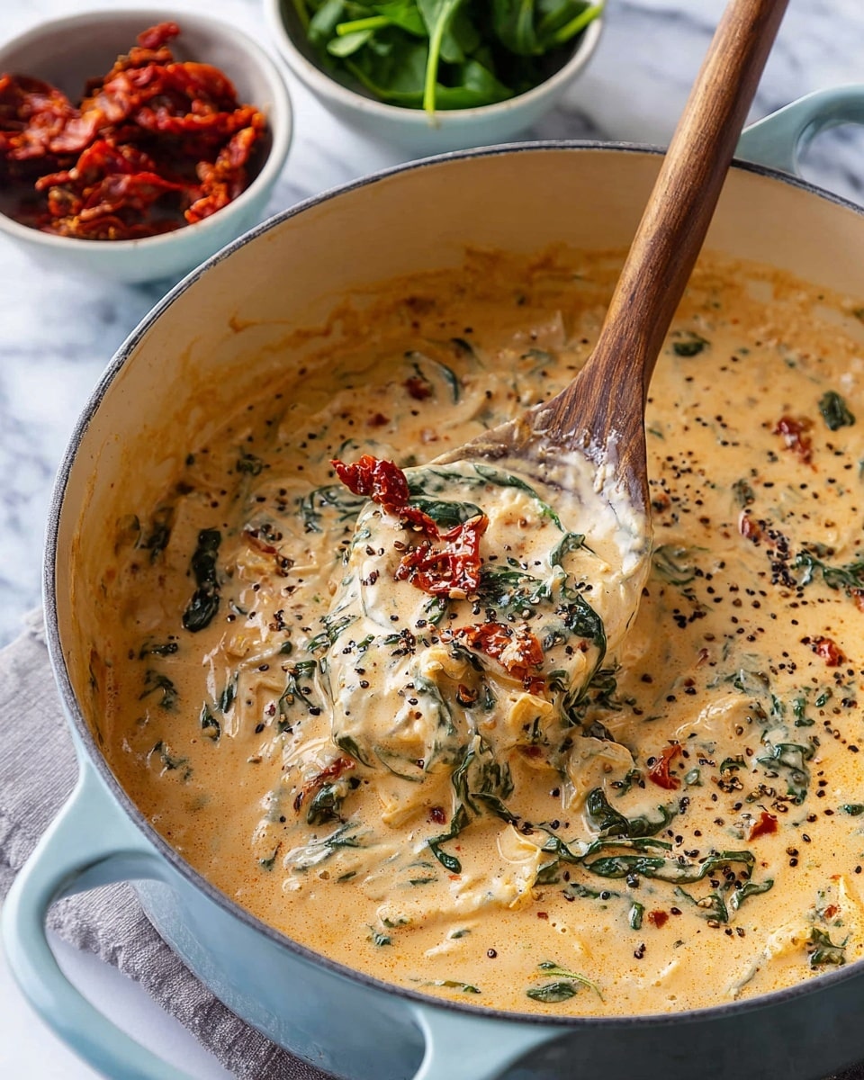A close-up of a creamy sauce in a light blue pot with a white interior, showing a thick, smooth texture with visible chunks of green spinach and red sun-dried tomatoes. The sauce is light orange with black pepper sprinkled on top, and a wooden spoon is lifting some of the sauce, showing a mixture of all the ingredients. Around the pot, two small white bowls hold fresh spinach and sun-dried tomatoes, all set on a white marbled surface. photo taken with an iphone --ar 4:5 --v 7