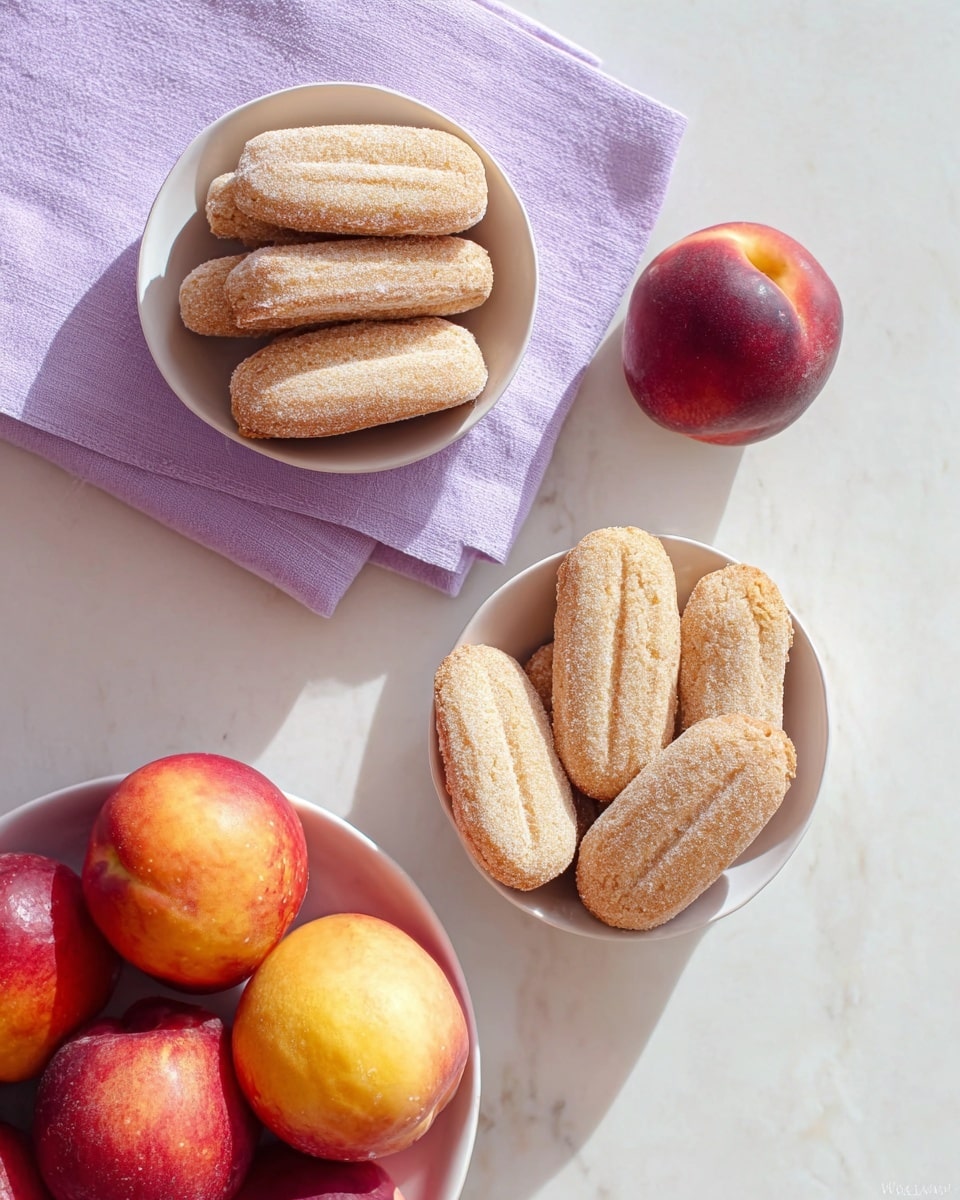 The image shows two white bowls with food items on a white marbled surface. The top bowl holds seven light brown ladyfinger cookies with a powdery sugar coating, neatly stacked side by side in one layer. Near this bowl, three more ladyfingers rest on a lavender cloth. To the right of the top bowl, there is one whole red peach with a smooth skin. At the bottom left of the image, another bowl contains five red apples with yellow patches, their shiny skin reflecting light. The bowls are placed on a white marbled surface with soft natural lighting, creating a fresh and clean look. Photo taken with an iphone --ar 4:5 --v 7