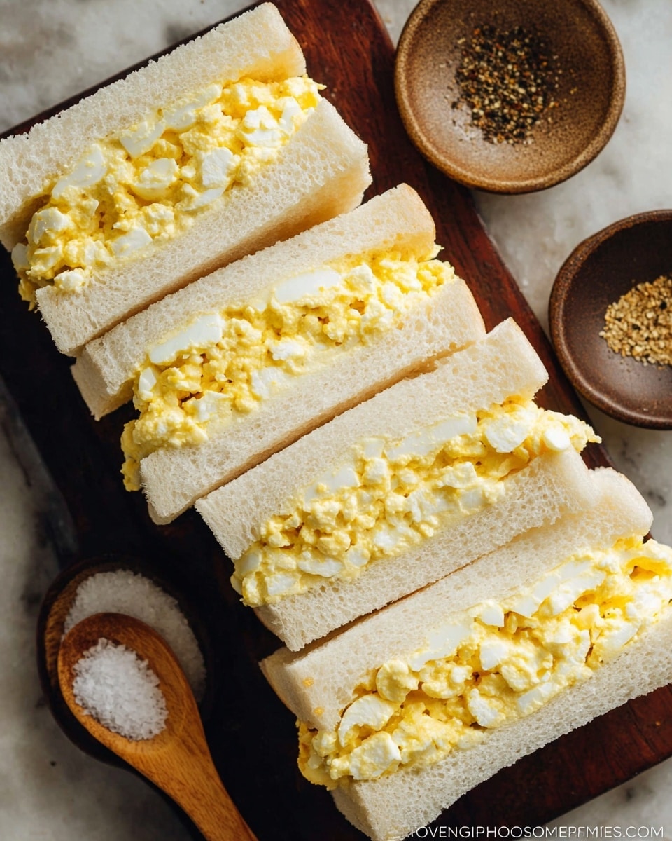 The image shows four egg salad sandwiches arranged closely on a dark wooden board, each sandwich made of two thick slices of soft white bread with a creamy, chunky egg salad filling in the center. The egg salad layer is bright yellow with bits of white, showing chopped boiled eggs mixed with a smooth mayo-like dressing. The sandwiches are cut into neat rectangles with clean edges. Nearby, there are two small round bowls, one with coarse salt and a small wooden spoon, and the other with ground black pepper. The background is a white marbled texture. Photo taken with an iphone --ar 4:5 --v 7