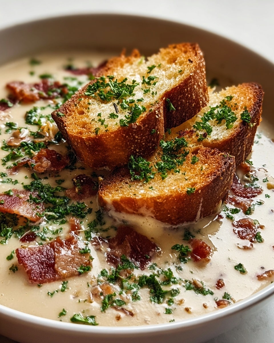A bowl filled with creamy white soup layered with small pieces of red bacon and green chopped parsley scattered throughout. On top, three thick slices of toasted golden-brown bread are stacked, each with a crunchy texture and sprinkled with more green herbs. The soup looks rich and smooth, with bits of melted cheese visible near the bread. The bowl is white and sits on a white marbled surface. photo taken with an iphone --ar 4:5 --v 7