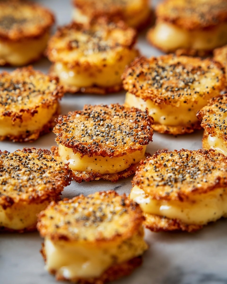 The image shows multiple small sandwich-like bites arranged closely on a white marbled surface. Each bite has three layers: the top and bottom layers are crispy, golden-brown, lacy crisps speckled with black poppy seeds, giving a crunchy texture. Between these two crisp layers is a smooth, light yellow filling that looks creamy and slightly soft, contrasting with the crunchy outer layers. The bites are round and uniform in size, with some areas showing slight melting or crisp edges where the top layer extends just beyond the filling. The lighting highlights the textures, making the crisps sparkle slightly in the light. photo taken with an iphone --ar 4:5 --v 7
