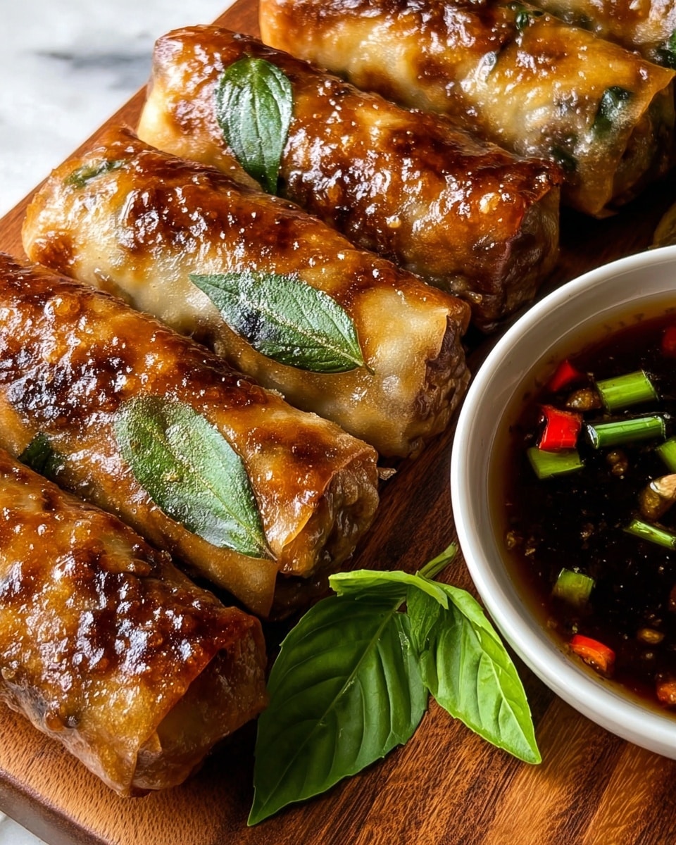 Four crispy spring rolls are neatly lined up on a wooden board, each wrapped in thin golden brown rice paper with glossy dark caramelized spots from frying. Bright green basil leaves are pressed under the wrappers on top of the rolls, adding fresh color and texture. On the right side, a white bowl holds dark soy-based dipping sauce with small pieces of red chili and chopped green onions floating on the surface. A fresh basil leaf is placed next to the bowl on the white marbled texture beneath the board. The close-up view highlights the crunchy, shiny texture of the spring rolls and the vibrant colors of the herbs and sauce, photo taken with an iphone --ar 4:5 --v 7