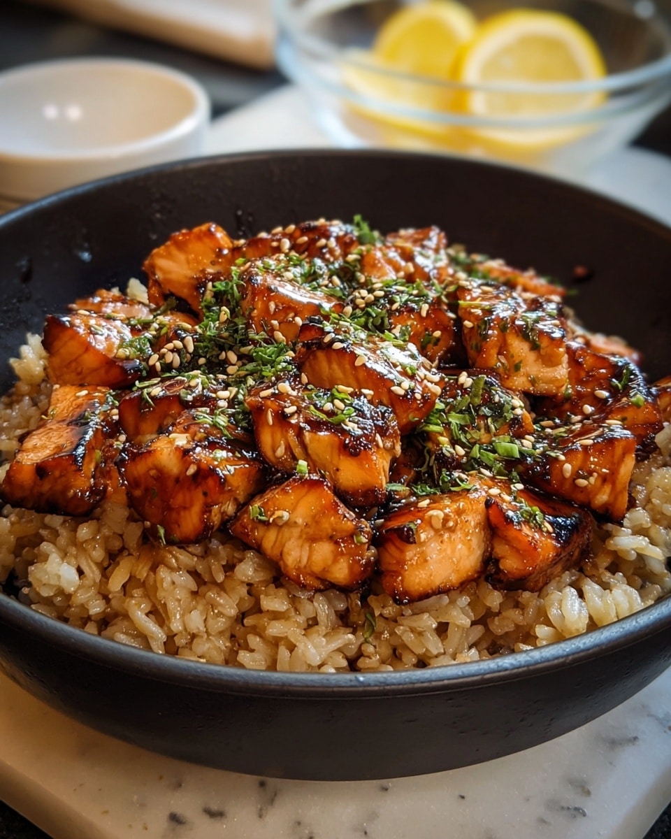 A black bowl filled with two layers: the bottom layer is a bed of shiny, light brown cooked rice with visible grains, and the top layer consists of small, glossy pieces of grilled salmon with a dark caramelized glaze, scattered green herbs, and sesame seeds sprinkled evenly on top. The bowl sits on a white marbled surface with a blurred background showing a white bowl and a glass bowl with lemon slices. Photo taken with an iphone --ar 4:5 --v 7