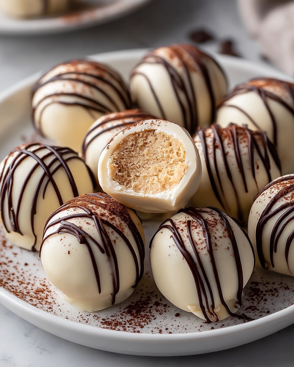 A white plate holds about ten round truffles, each coated in smooth white chocolate with thin dark chocolate swirls drizzled over the top in different curved lines. One truffle is cut in half sitting on top of the others, showing a creamy, light beige filling with a soft texture, and a dusting of cocoa powder on the exposed inside. The truffles are arranged closely together, and a small amount of cocoa powder is scattered lightly on the plate. The setting is on a white marbled texture surface in soft natural light. Photo taken with an iphone --ar 4:5 --v 7