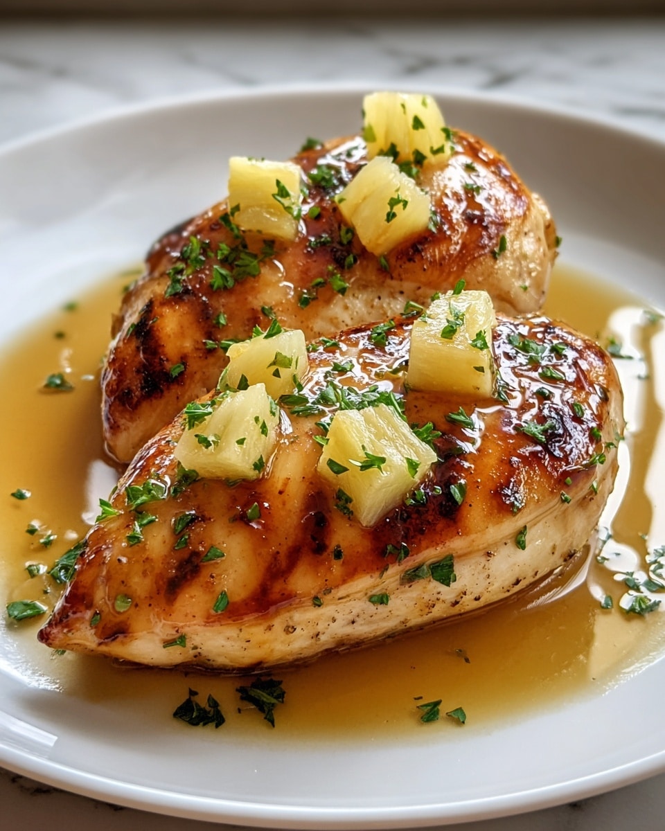 The image shows two golden brown, grilled chicken breasts placed side by side on a white plate over a smooth, light brown sauce. Each chicken breast is stuffed with small cubes of light yellow pineapple, peeking out from the middle. The surface of the chicken is glazed and slightly shiny, with small charred spots, and fresh green herbs are sprinkled on top and around it. The sauce pools gently around the chicken, giving a glossy finish with extra herbs spread across it. The plate sits on a white marbled surface, photo taken with an iphone --ar 4:5 --v 7