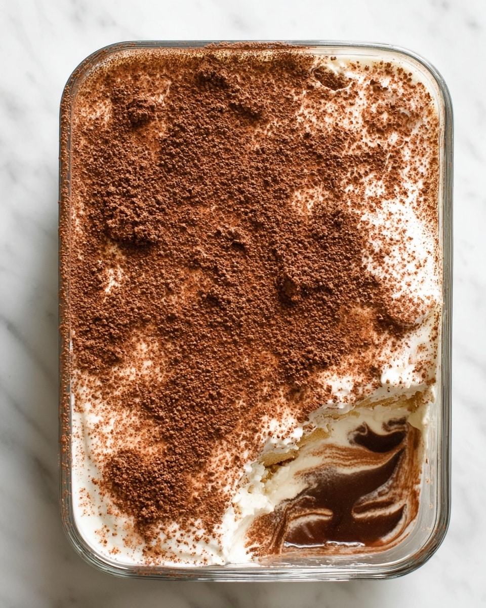 A clear glass rectangular dish shows a dessert with three visible layers: the bottom layer is dark brown and smooth, likely soaked cake or coffee, the middle layer is creamy white, thick and soft, and the top layer is a generous dusting of fine cocoa powder covering the whole surface unevenly, with a small section in the bottom right where the creamy layer swirls through the cocoa creating a marbled effect. The dish is placed on a white marbled surface. photo taken with an iphone --ar 4:5 --v 7