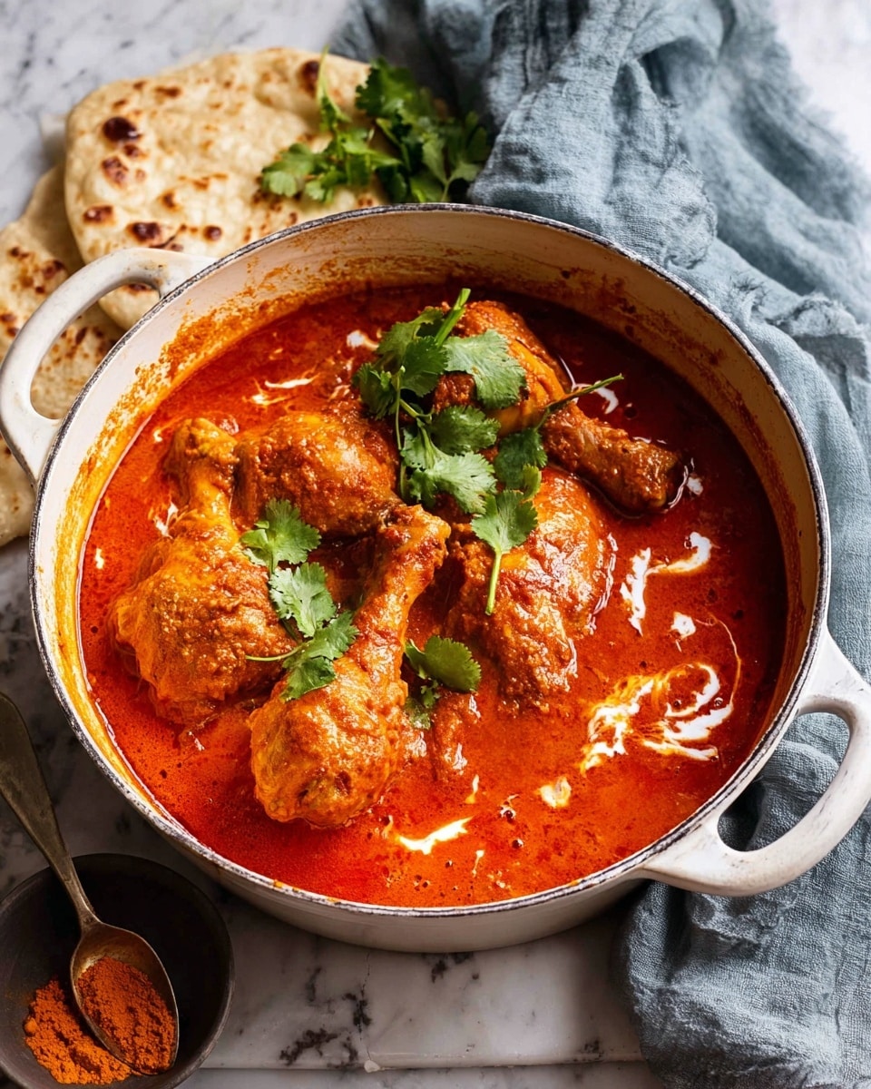 A large white pot filled with thick, rich orange-red curry covering several pieces of chicken, with some chicken drumsticks and thighs partially visible under the sauce. The curry surface is glossy and smooth, lightly speckled with white cream swirls. Fresh green cilantro leaves are scattered on top, adding a bright contrast. Next to the pot are some pieces of flatbread with a soft, uneven texture and golden-brown spots. A small dark bowl with orange powder and a spoon sits nearby. The scene is set on a white marbled surface with a soft grey cloth draped in the background. Photo taken with an iphone --ar 4:5 --v 7