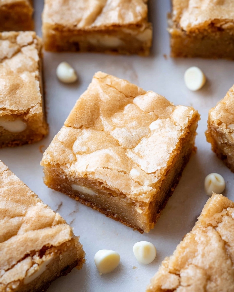 Several square blondies with a light golden color are spread out on a white marbled surface. Each blondie has a cracked, slightly shiny top layer that reveals a dense, moist interior with a smooth yet textured look. Tiny white chocolate chips are scattered around the blondies, adding small accents of creamy white. One blondie is placed on its side, showing the thick, uniform layers from the crispy top to the softer, chewy bottom. The overall color is warm beige with subtle variations in texture from the crackled top to the smooth base. Photo taken with an iphone --ar 4:5 --v 7