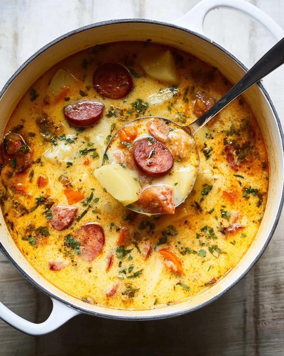 A white pot filled with creamy soup showing visible thick layers of sliced sausages in reddish brown, chunks of yellow potatoes, small pieces of orange carrots, and specks of green herbs scattered on top and mixed inside. A silver ladle is partially submerged in the soup, lifting a scoop with sausage slices, potato pieces, and some broth. The pot rests on a white marbled textured surface. The soup has a smooth yet chunky texture with an orange-yellow creamy base. photo taken with an iphone --ar 4:5 --v 7