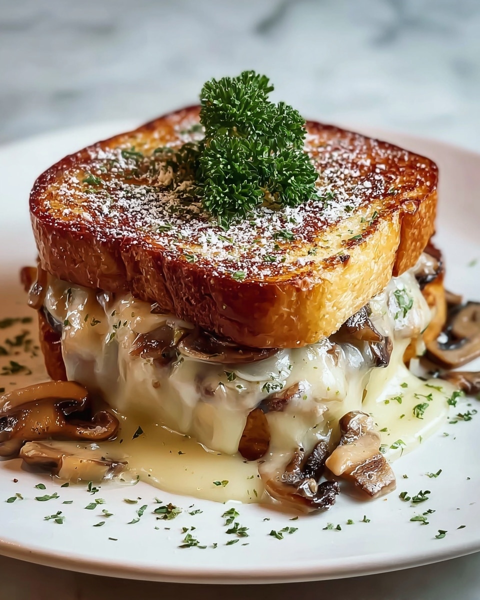 A thick sandwich sits on a white plate with one slice of golden-brown toasted bread on top, sprinkled with a light dusting of white powder and small green herbs, crowned with a small bunch of fresh parsley. Underneath, a layer of gooey melted cheese drips down the sides, mixed with sautéed brown mushrooms. The sandwich’s bottom layer is another slice of toasted bread, visible beneath the cheese and mushrooms. Some mushrooms and bits of cheese spill onto the plate around the sandwich. The entire scene rests on a white marbled background. photo taken with an iphone --ar 4:5 --v 7