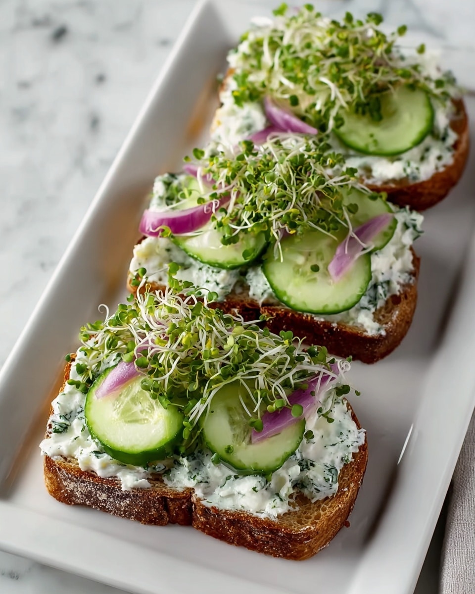 Three pieces of toasted brown bread are placed on a white rectangular plate. Each slice is generously spread with a creamy white mixture that has dark green herbs mixed in. On top of this, there are several thick cucumber slices that are light green, placed unevenly across each toast. Thin slices of purple-red onion are scattered over the cucumbers, adding a nice contrast. Finally, there is a layer of fresh green sprouts covering the top of each toast, giving a fresh and lively look. The plate sits on a white marbled surface. Photo taken with an iphone --ar 4:5 --v 7