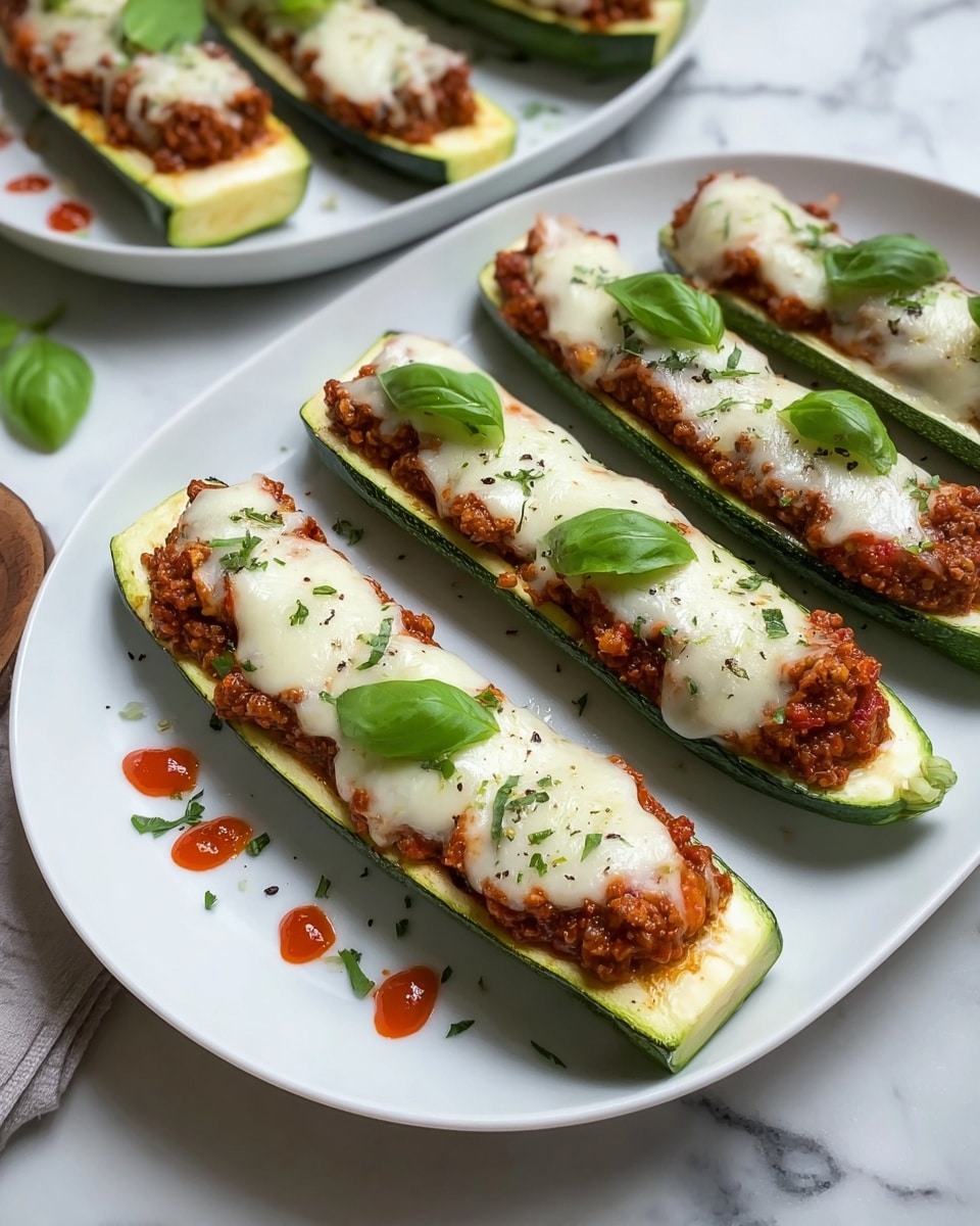 The image shows six zucchini boats on two white plates placed on a white marbled surface. Each zucchini boat is cut in half lengthwise with a green outer skin and light green inner flesh. They are filled with a reddish-brown cooked meat mixture, topped with a smooth layer of melted white cheese, and garnished with fresh green basil leaves. The cheese has some sprinkled green herbs and black pepper on top. Small drops of red sauce and finely chopped green herbs are scattered on the plate around the zucchini boats. Photo taken with an iphone --ar 4:5 --v 7