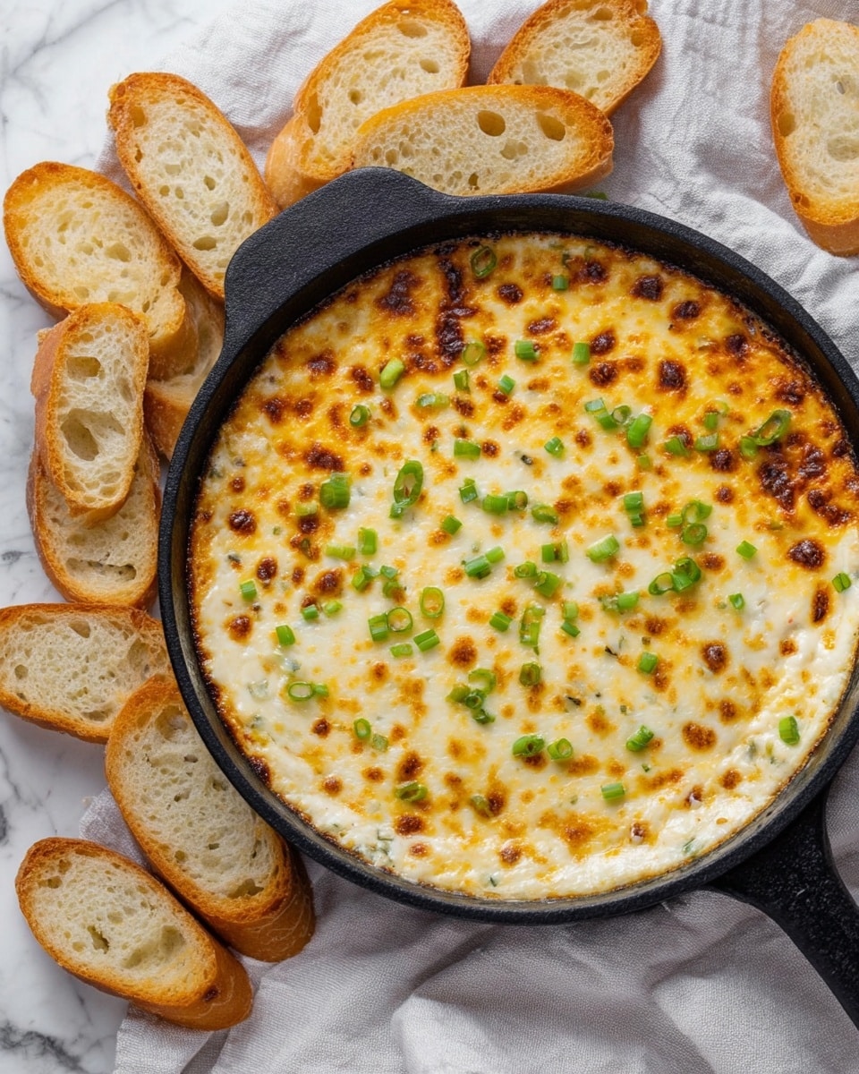 A black pan filled with a creamy baked dip that has a golden brown bubbly cheese layer on top, sprinkled with chopped green onions. The pan is resting on a white marbled surface with a light grey cloth partially underneath it. Around the pan, there are several slices of toasted white bread with a crispy crust and airy texture, arranged loosely in a circular pattern. Photo taken with an iphone --ar 4:5 --v 7