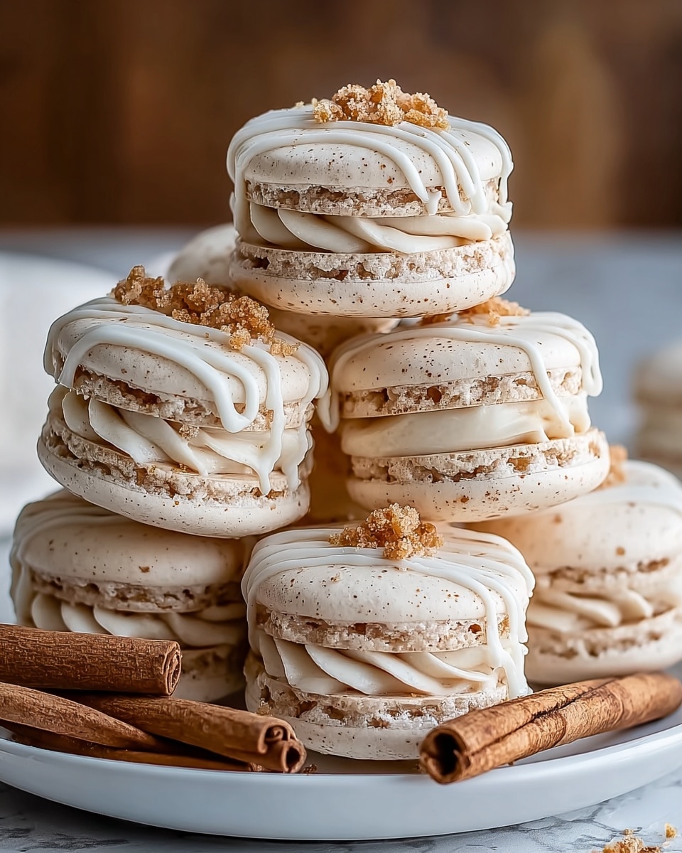 A stack of seven light beige macarons sits on a white plate, each macaron made of two smooth, slightly speckled cookies with a piped swirl of creamy white filling layered thickly in between. The top cookies are decorated with thin white icing drips and small crumbled bits, adding texture and detail. The macarons have a delicate crunch on the edges, shown by their slightly cracked outer shells. Two cinnamon sticks lie next to the macarons on the plate, contrasting their soft colors. The surface beneath is a white marbled texture, and the background is softly blurred warm tones. photo taken with an iphone --ar 4:5 --v 7