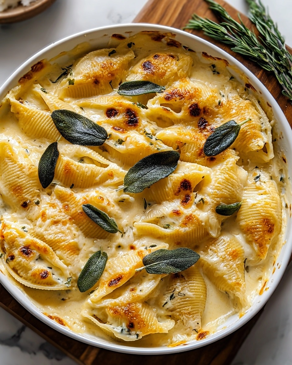 The image shows a white round dish filled with about two layers of large pasta shells covered in creamy yellow cheese sauce with a few browned spots on top. The shells have a slightly ridged texture and are arranged closely together, partially submerged in the smooth sauce. Scattered throughout the pasta are several bright green sage leaves, some whole and some small pieces, adding contrast and texture. The dish sits on a white marbled surface with a wooden board to the side. photo taken with an iphone --ar 4:5 --v 7
