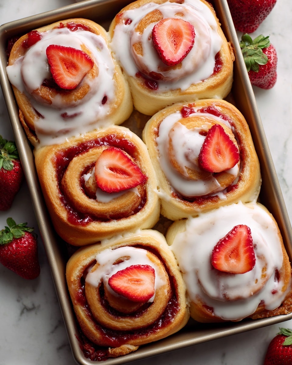 The image shows six strawberry cinnamon rolls arranged closely in a baking tray on a white marbled surface. Each roll has a soft golden-brown dough base with a vibrant red strawberry jam swirl filling visible through the spiral layers. On top of the strawberry jam, there is a thick white icing layer spread smoothly along the spiral, creating a glossy contrast. Each roll is topped with a fresh strawberry slice, showing bright red flesh and seeds, adding a fresh look. Around the tray, whole strawberries with green leaves are placed as decoration. The photo taken with an iphone --ar 4:5 --v 7