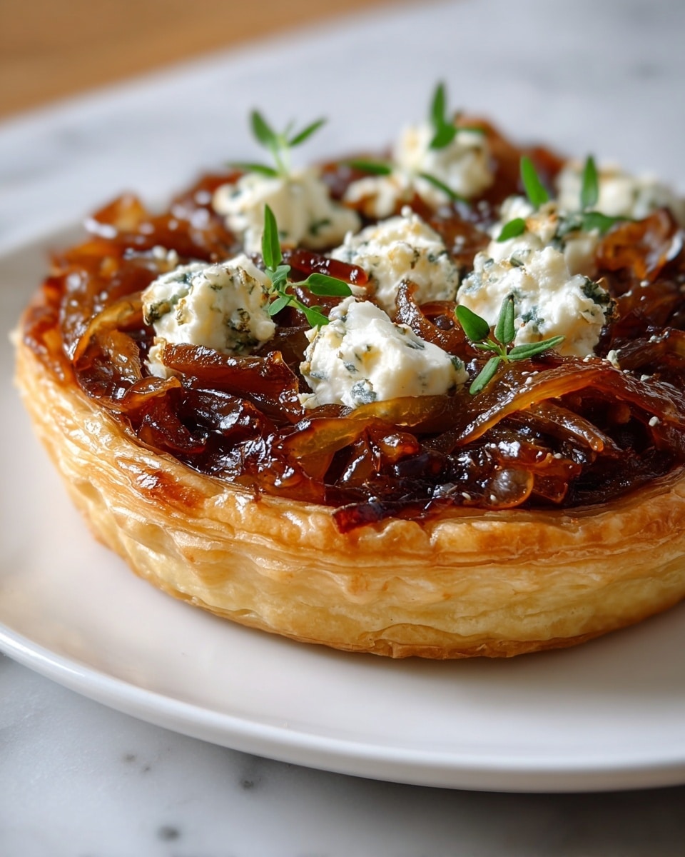 A round puff pastry tart with a golden, flaky crust forms the base. On top, there is a thick layer of glossy caramelized onions, rich brown and amber in color with soft, slightly translucent texture. Scattered on the onions are small dollops of creamy white cheese mixed with herbs, some slightly browned from mild broiling. Small green herb sprigs are delicately placed on top, adding a fresh contrast. The tart sits on a white plate with a clean edge, all set against a white marbled background. photo taken with an iphone --ar 4:5 --v 7