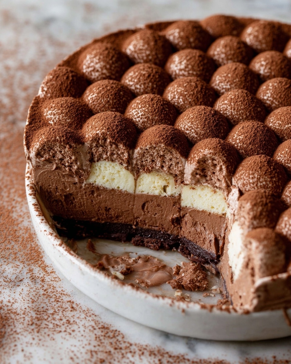 The image shows a round chocolate mousse dessert with one slice removed, revealing multiple layers inside a white dish. The top layer consists of many small, round dollops of light brown mousse dusted with cocoa powder, arranged in a neat, grid-like pattern. Below that is a thick, smooth layer of creamy light brown mousse, followed by a middle layer of dark chocolate mousse with a dense texture. Beneath this is a light yellow sponge cake layer, and at the bottom, a thin dark chocolate base, all contained within the white dish. The dish sits on a white marbled surface with some crumbs scattered around. Photo taken with an iphone --ar 4:5 --v 7