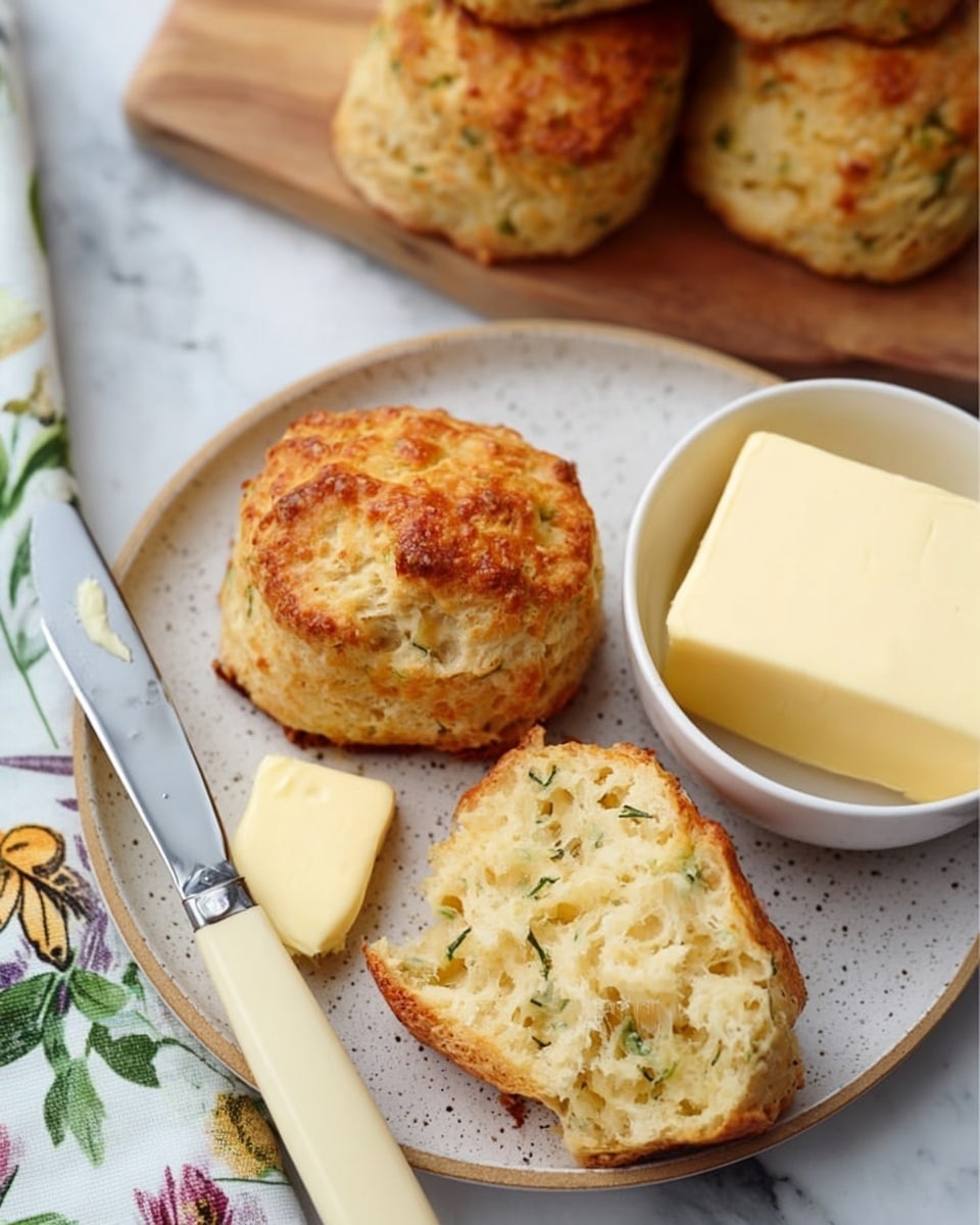 A white speckled plate holds three golden-brown biscuits with a crispy texture, one biscuit is split open showing a soft, airy inside with bits of green herbs. A small piece of butter is placed on the biscuit on the left. A butter spreader knife with a cream-colored handle rests on the plate. To the right, a white bowl contains a thick block of pale yellow butter. The background features a white marbled surface with a floral and butterfly pattern, and in the top background, more biscuits sit on a wooden board. photo taken with an iphone --ar 4:5 --v 7