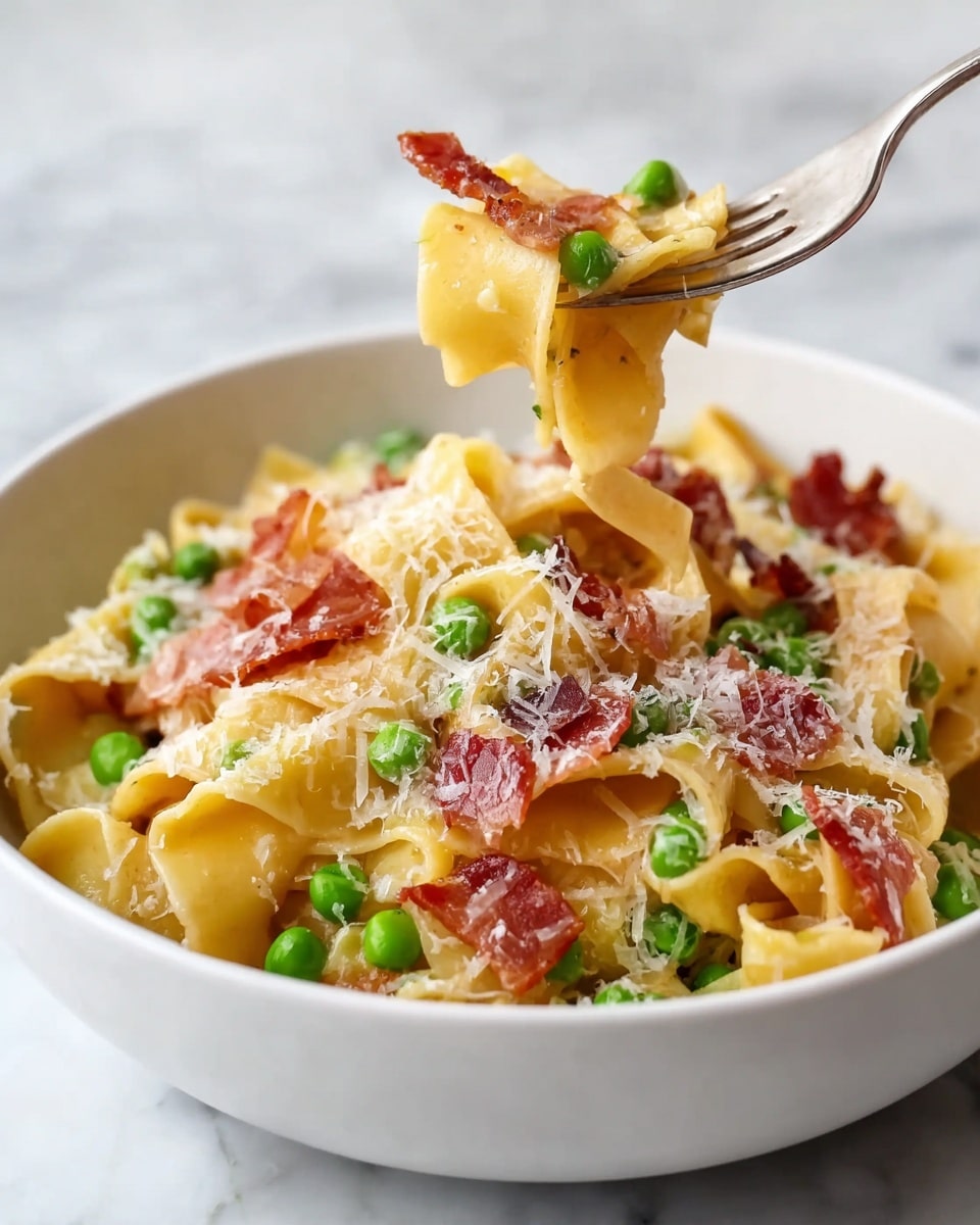 A white bowl filled with creamy yellow pasta ribbons as the base layer, mixed with bright green peas scattered throughout. Thin, crispy reddish-brown slices of ham sit on top and between the pasta, adding texture. The dish is generously sprinkled with finely grated white cheese and a light dusting of black pepper, creating a soft layer over the pasta and ham. The bowl is set on a white marbled surface with a block of yellow cheese and two wooden pepper grinders blurred softly in the background. Photo taken with an iphone --ar 4:5 --v 7