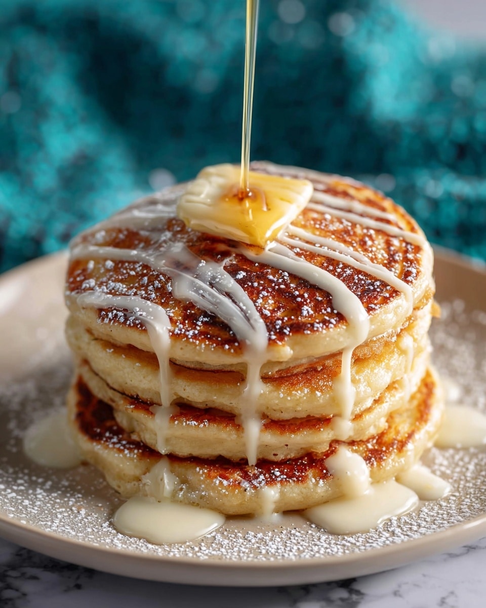 A stack of four golden-brown pancakes with a slightly crispy texture on the edges is placed on a white plate. The top pancake has a melting swirl of pale yellow butter being poured over it, while thick white syrup drizzles down from the top, covering the pancakes and pooling around the base. Light dusting of white powdered sugar is visible on the pancakes and plate. The background is soft with a blurred teal fabric and the plate rests on a white marbled surface. Photo taken with an iphone --ar 4:5 --v 7