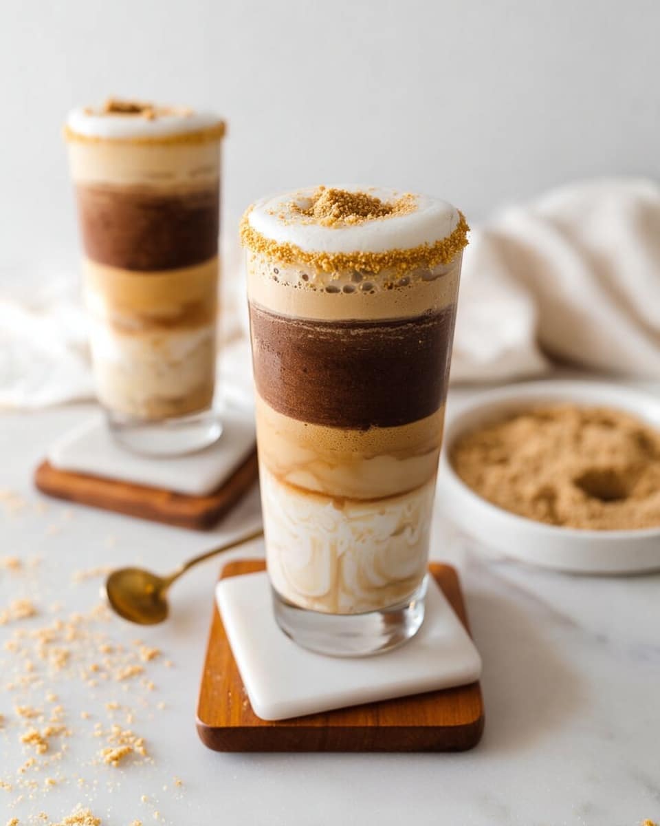 A tall clear glass shows a layered drink standing on a small wooden board placed on a white marbled surface. The bottom layer is white and creamy, topped by a thick dark brown chocolate layer. Above that is a smooth medium brown coffee layer, followed by a frothy light beige layer mixing slightly with the coffee below. The rim of the glass is coated in chocolate with crushed nuts sprinkled on top. In the blurred background, another similar glass and a golden spoon lay on the white marbled surface. photo taken with an iphone --ar 4:5 --v 7