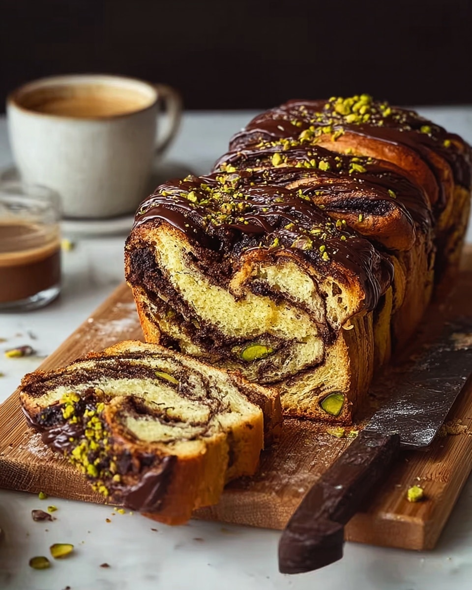 The image shows a close-up of a braided pastry in a dark baking pan, with multiple visible layers of golden-brown dough intertwined with dark chocolate layers inside. The top of the pastry is drizzled with thick dark chocolate and sprinkled with chopped green pistachios and light brown crushed nuts, creating a textured look. The dough appears flaky and slightly glossy from baking. The background is a white marbled texture with a few scattered pistachios nearby. Photo taken with an iphone --ar 4:5 --v 7