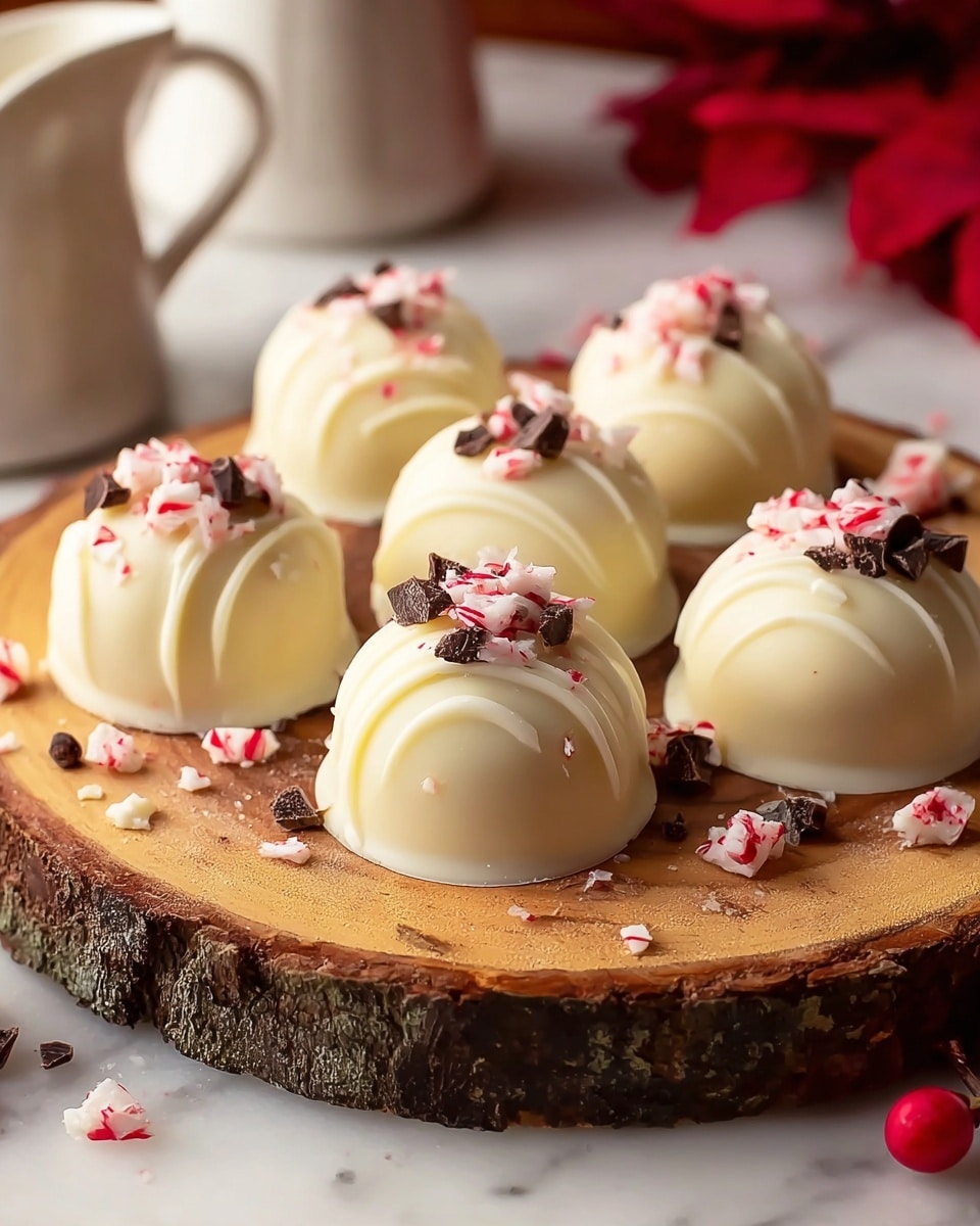 Seven white chocolate truffles are arranged on a round wooden slab with bark on its edge, each truffle smooth and glossy with subtle swirl patterns on the surface. On top of each truffle, there are small bits of crushed red and white peppermint candy and dark chocolate pieces scattered, adding texture and color contrast. The wooden slab has extra pieces of crushed peppermint candy spread around it. A white pitcher and some blurred red decorations appear in the background, all set on a white marbled surface photo taken with an iphone --ar 4:5 --v 7