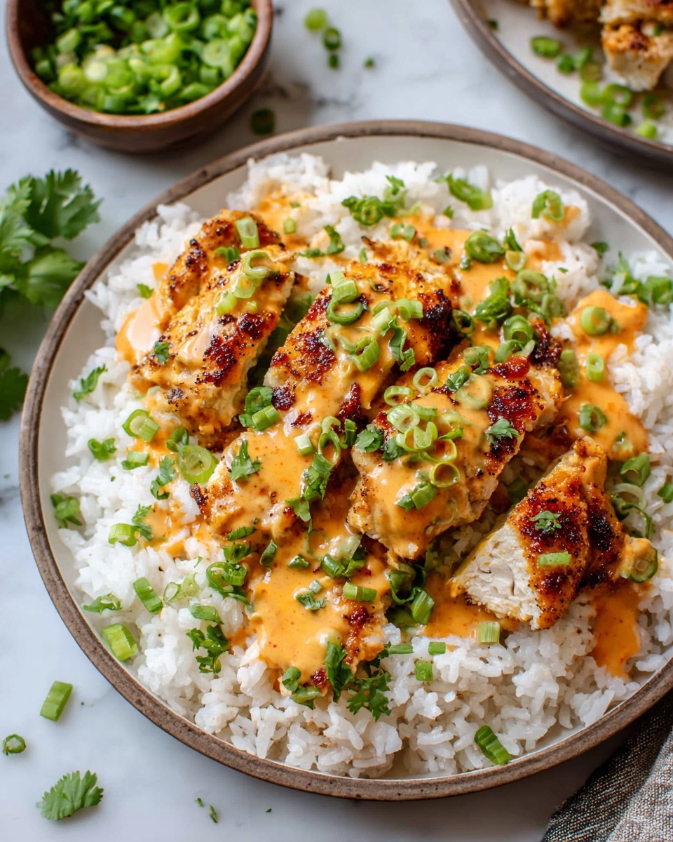 A round white plate holds a bed of soft, fluffy white rice as the base layer. On top lie several pieces of grilled chicken with a golden brown, slightly crispy surface, drizzled generously with a creamy orange sauce that has a smooth texture. The dish is sprinkled with chopped green onions and small bits of green herbs, adding pops of fresh green color throughout. In the background, more green onions in a small bowl and some fresh cilantro leaves add contrast against a white marbled texture surface. photo taken with an iphone --ar 4:5 --v 7
