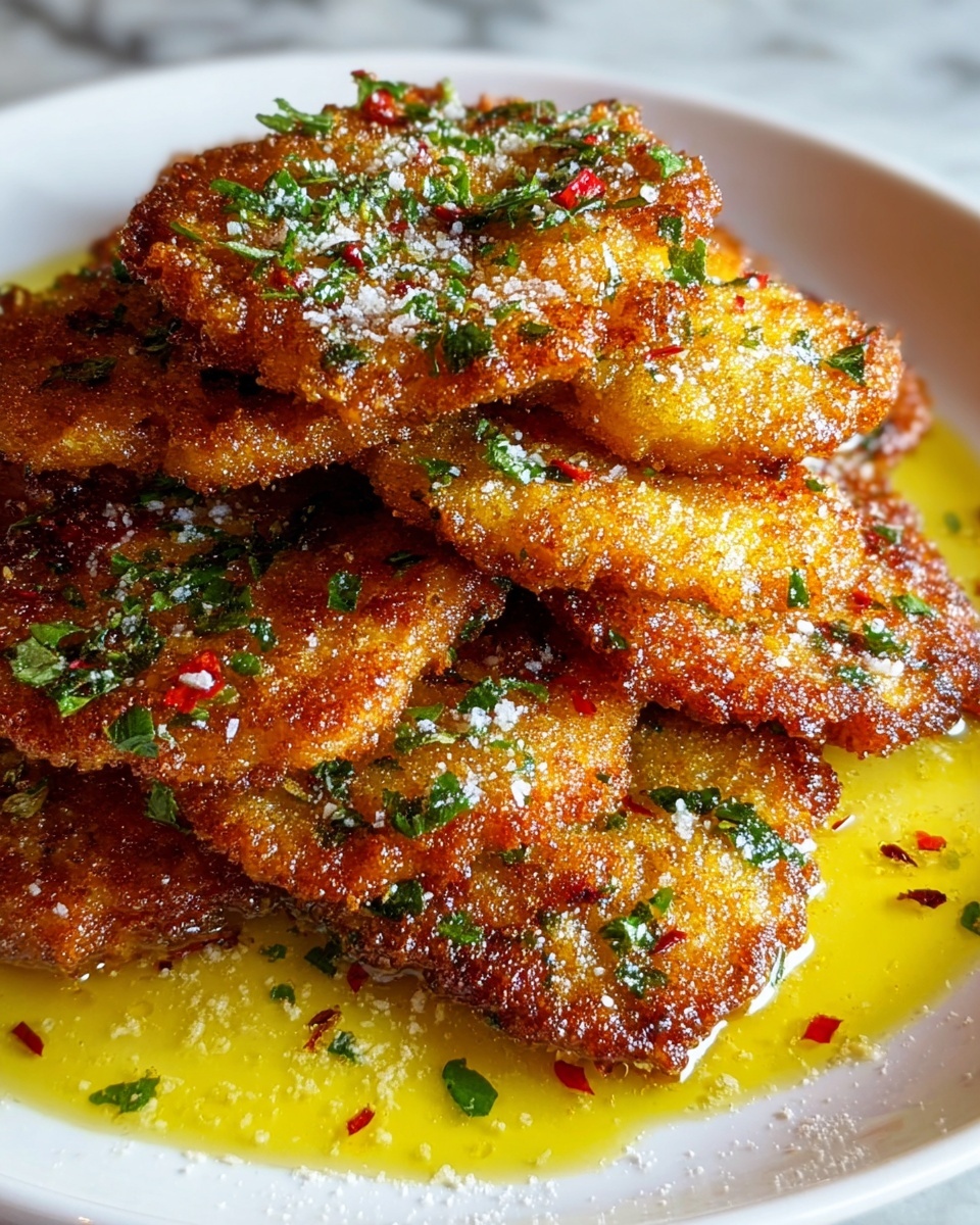 A white plate filled with several crispy, golden-brown fried patties stacked in layers. Each patty has a crunchy texture with a slightly coarse surface and is topped with finely chopped green herbs, red chili flakes, and a light dusting of white powder. The patties rest in a shallow pool of glossy yellow oil, adding a shiny and moist look to the dish. The plate sits on a white marbled surface. photo taken with an iphone --ar 4:5 --v 7