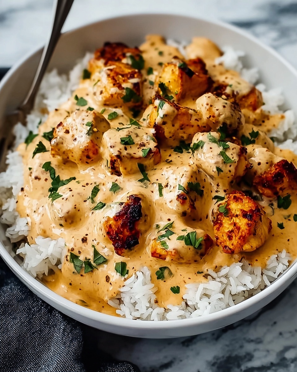 The image shows a white bowl filled with a base layer of fluffy white rice, topped with grilled chunks of golden-brown chicken pieces. The chicken is covered with a thick layer of creamy, light orange sauce speckled with spices. Fresh green herbs are sprinkled on top, adding a touch of color contrast. The bowl is set against a white marbled textured surface with part of a dark cloth visible on the side. photo taken with an iphone --ar 4:5 --v 7