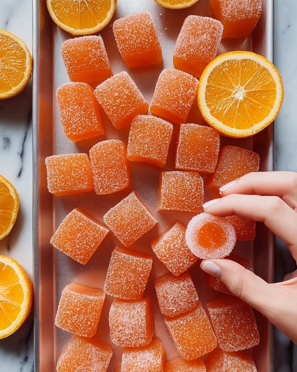 This image shows a tray full of bright orange jelly candies coated with sugar crystals. The candies are mostly square-shaped with a soft, slightly translucent texture. Among them are three round, open-faced jelly pieces showing a smooth, shiny surface inside. Scattered around the tray are fresh, halved oranges with a vibrant, juicy flesh. A woman's hand is gently picking up one of the square jelly candies from the lower right corner. The tray sits on a white marbled surface. photo taken with an iphone --ar 4:5 --v 7