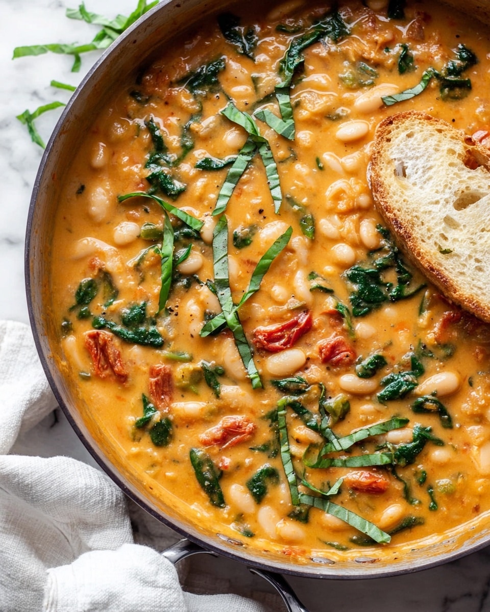 A close-up view of a creamy orange soup in a pan, filled with white beans, small cherry tomato pieces, and green spinach leaves. The soup has a thick texture with visible soft vegetable chunks spread throughout. On the right side of the pan, a piece of toasted bread with a light golden crust rests partially submerged in the soup. Thin strips of fresh basil leaves are scattered on top, adding a dark green contrast. The pan is placed on a white marbled textured surface with a white cloth beneath part of the handle. photo taken with an iphone --ar 4:5 --v 7
