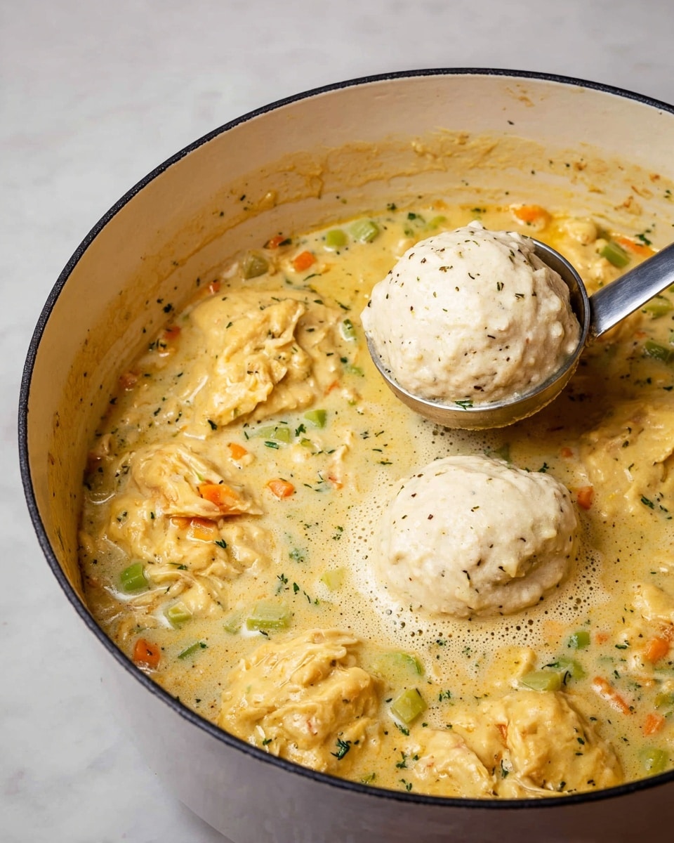 A close-up view of a large white pot with a creamy yellow soup filled with soft, lumpy orange dough pieces and small green vegetable bits floating throughout. In the middle of the pot lies a round scoop of thick white dough with small black specks, and a metal scoop holds another similar ball above the soup. The soup shows a slightly frothy surface with visible herbs mixed inside, creating a textured, hearty appearance. The pot rests on a white marbled surface. photo taken with an iphone --ar 4:5 --v 7