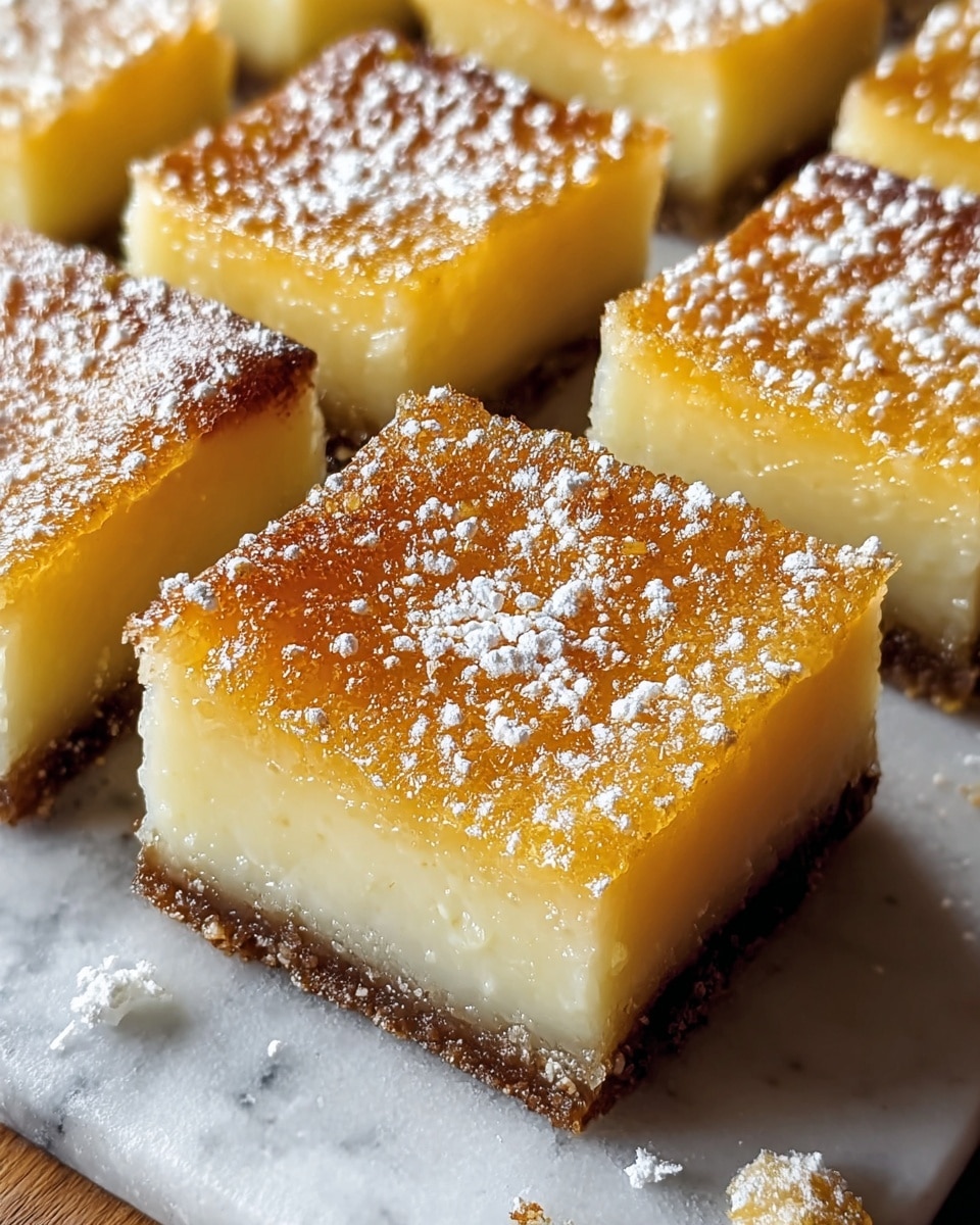 The image shows close-up squares of lemon bars arranged in a grid, each with three visible layers: a thin, crumbly brown crust at the bottom, a thick, creamy pale yellow custard layer in the middle, and a golden-brown baked top layer dusted with powdered sugar. The texture of the top is slightly uneven with a shiny, caramelized look, while the custard layer is smooth and glossy. A few crumbs and granules of powdered sugar are scattered around on a white marbled surface. Photo taken with an iphone --ar 4:5 --v 7