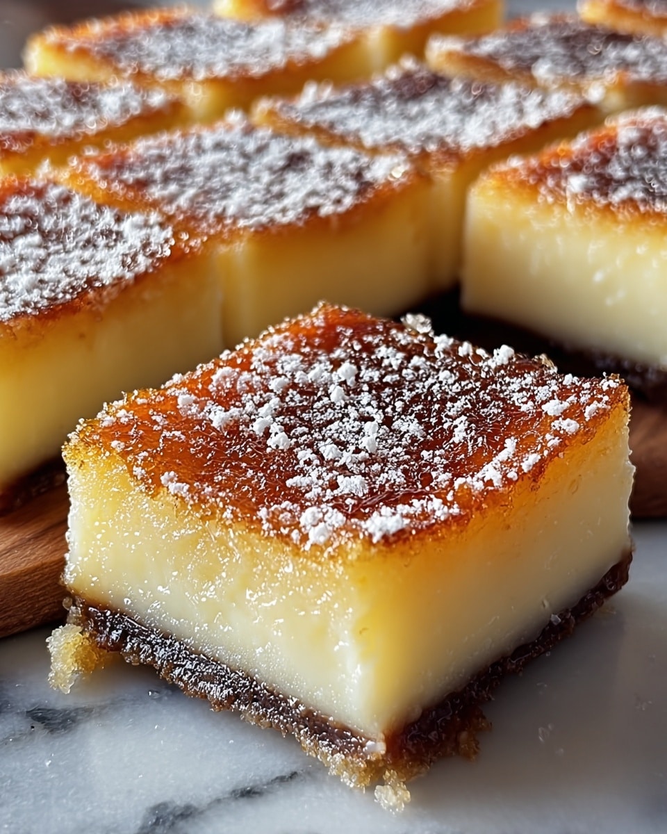 A close-up view of a golden-brown dessert cut into nine square pieces with one piece slightly pulled out in the front. The dessert shows three layers: a thin, dark brown base, a thick, creamy pale yellow middle, and a golden caramelized top coated with a light dusting of white powdered sugar. The texture of the top looks slightly crisp and granular, while the middle layer appears smooth and soft. The dessert sits on a white marbled surface, enhancing its warm colors. photo taken with an iphone --ar 4:5 --v 7