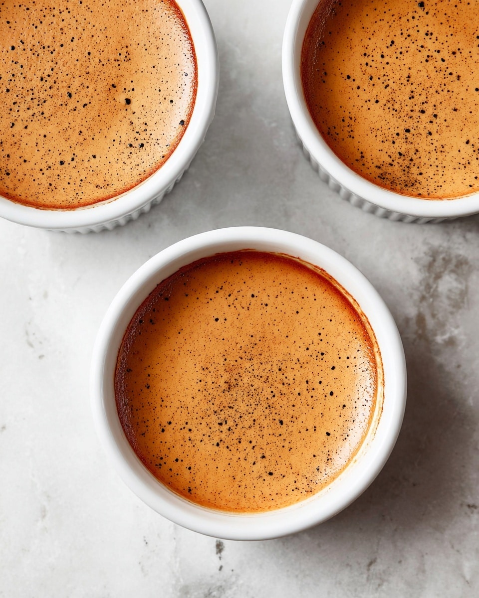 Three white round ramekins filled with a smooth, light brown custard topped with fine black specks, with the surface shiny and even. Each ramekin holds a single layer of the custard, with the edges showing a slight golden-brown rim. The ramekins are placed on a white marbled texture, adding a clean and bright contrast. The image is taken from above, showing the simplicity and gentle texture of the dessert. photo taken with an iphone --ar 4:5 --v 7