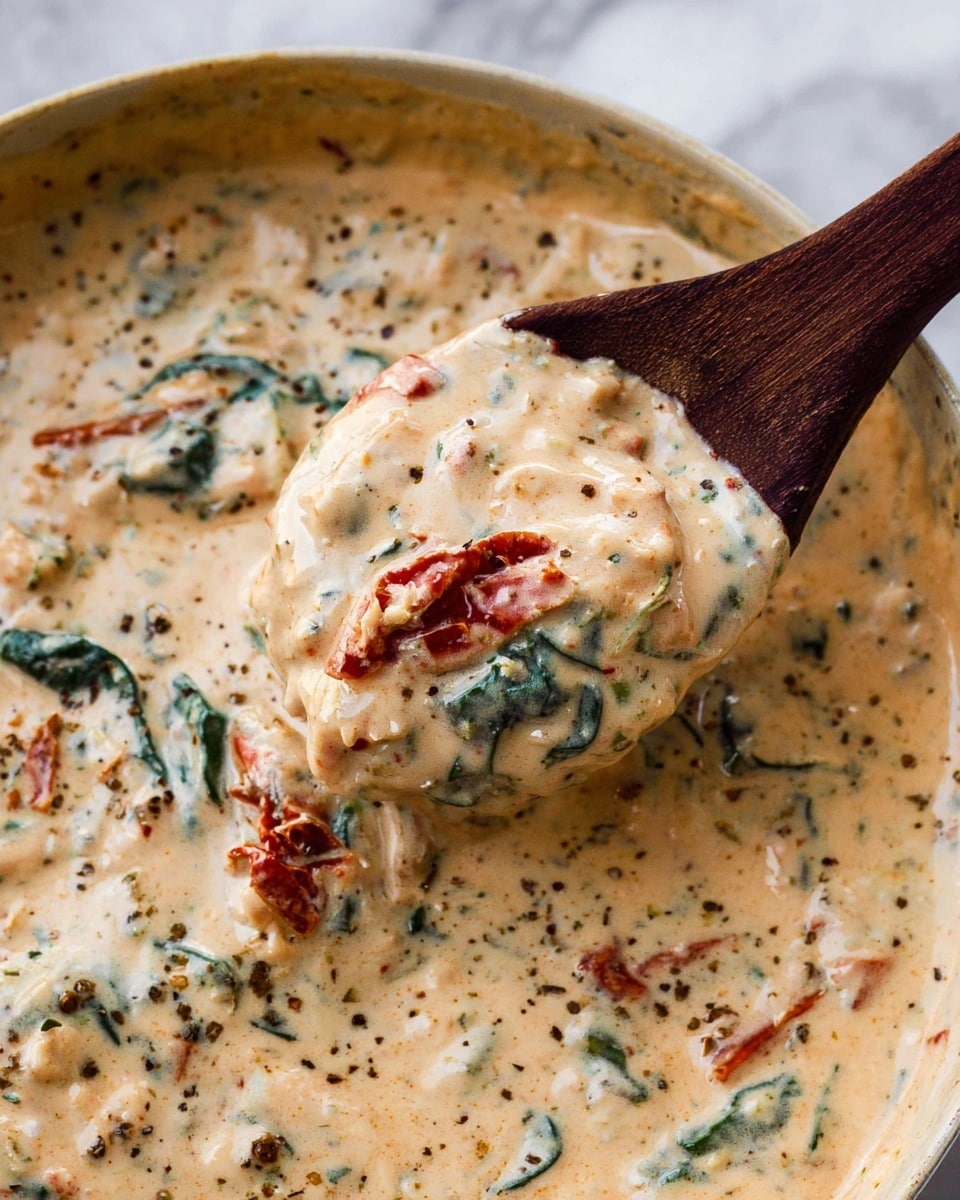 A creamy sauce with a light beige color and a smooth, thick texture fills the image, mixed with visible chunks of red sun-dried tomatoes and dark green spinach leaves scattered throughout. Small specks of black pepper and herbs are spread evenly across the sauce, giving it a seasoned look. A wooden spoon with a dark brown color scoops up the sauce, showing a close-up of the mixture's rich, creamy consistency. The sauce appears rich and well blended, highlighted by the contrast of the bright tomatoes and spinach against the pale creamy base on a white marbled surface. photo taken with an iphone --ar 4:5 --v 7