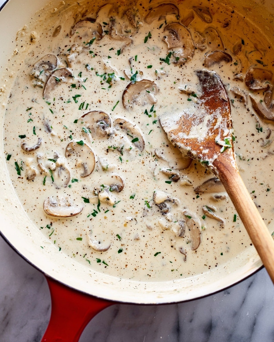 A close-up view of a creamy mushroom sauce in a white pan with a red handle, showing light beige sauce mixed with tender brown mushroom slices and green herb bits scattered throughout. A wooden spoon with a light natural color is partially covered in sauce and resting in the pan, slightly stained by the sauce. The texture of the sauce looks smooth and thick with visible small flecks of black pepper and herbs. The image is set on a white marbled surface. photo taken with an iphone --ar 4:5 --v 7