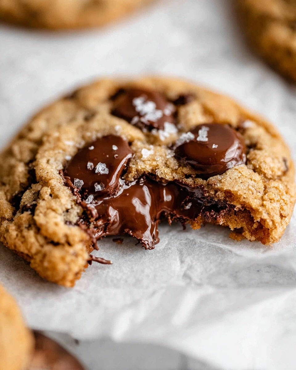 A close-up view of a thick, golden brown cookie with a rough, crumbly texture on the edges and soft middle, broken slightly to show melted, glossy dark chocolate chips layered inside. The chocolate chips appear large and gooey, some melting over the cookie’s surface with small flakes of salt sprinkled on top. The cookie rests on white parchment paper set against a white marbled texture in the background. Photo taken with an iphone --ar 4:5 --v 7