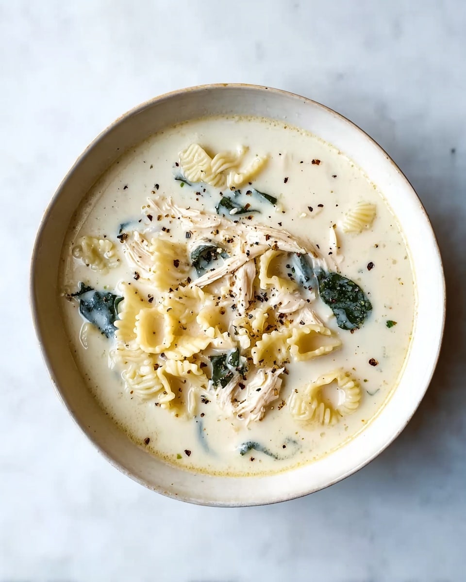 A white bowl filled with creamy white soup, containing light yellow ridged pasta pieces and shredded pale chicken. There are dark green leafy bits scattered throughout the soup. The soup surface is smooth with a thick texture and sprinkled with small black spice flakes. The bowl sits on a white marbled surface. photo taken with an iphone --ar 4:5 --v 7