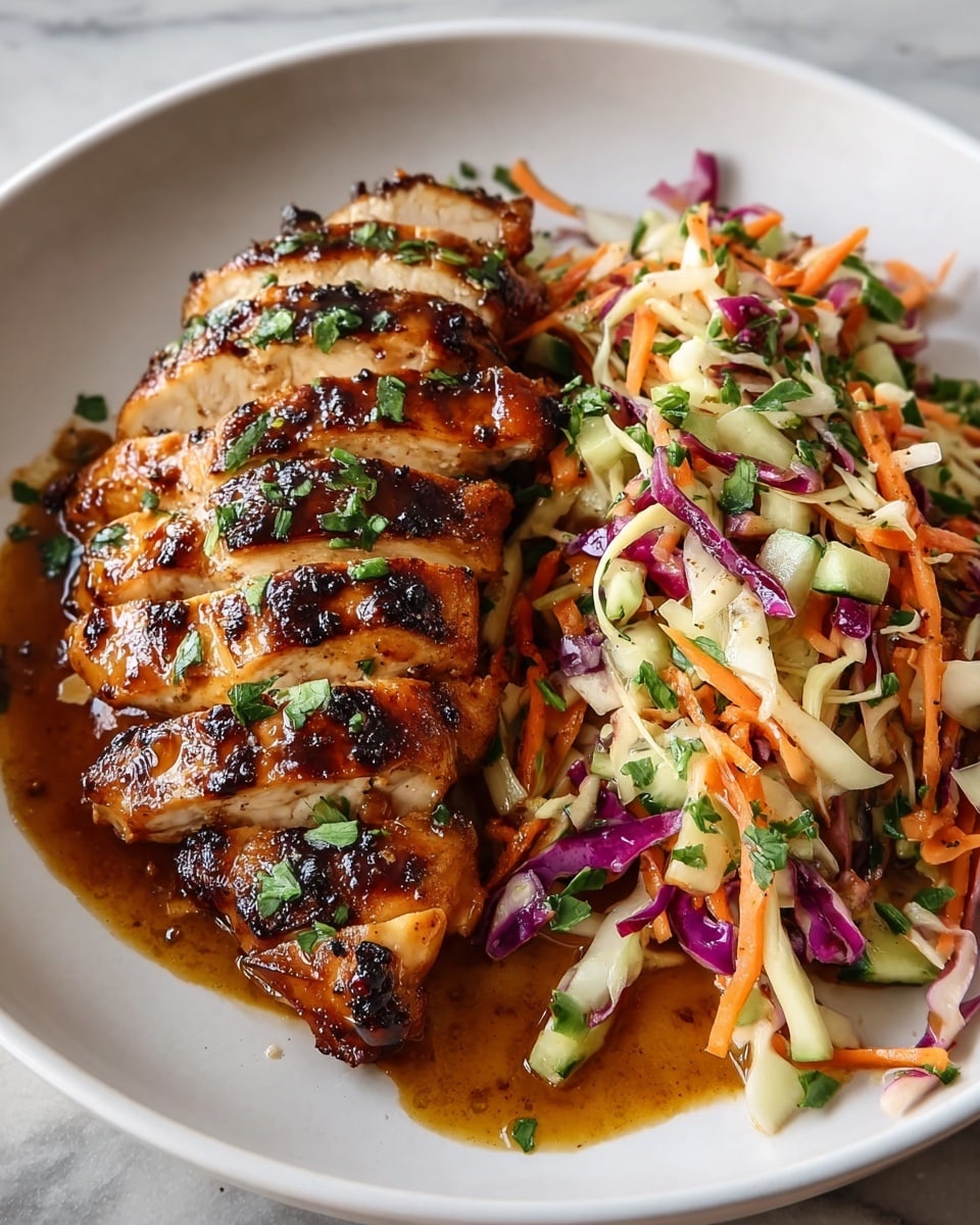The image shows a white shallow bowl filled with thick slices of grilled chicken breast, layered and slightly overlapping on the left side. The chicken has a dark golden-brown color with a shiny glaze and small bits of green herbs sprinkled on top. To the right of the chicken is a colorful cole slaw made of thinly shredded carrots, purple cabbage, green celery, and some herbs, adding bright orange, purple, and green hues. The dish is set on a white marbled surface. Photo taken with an iphone --ar 4:5 --v 7