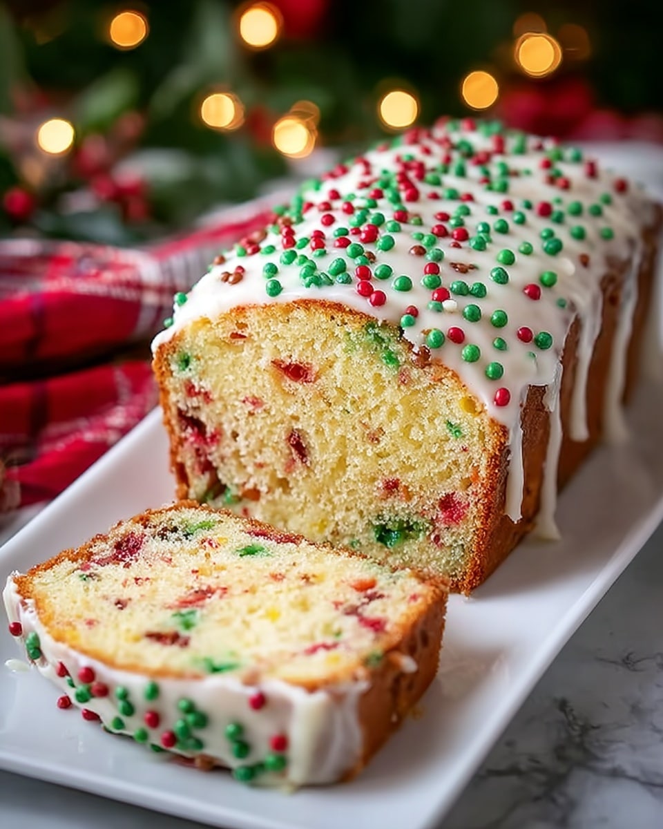 A loaf cake sits on a white rectangular plate on a white marbled surface, with one thick slice cut and slightly pulled forward. The cake is light yellow with red and green specks mixed throughout the soft, moist interior. The top is covered with white frosting that drips slightly over the edges. Small red, green, and brown round sprinkles cover the frosting, adding a festive touch. The background shows blurred Christmas lights and greenery, giving a cozy holiday feel. Photo taken with an iphone --ar 4:5 --v 7