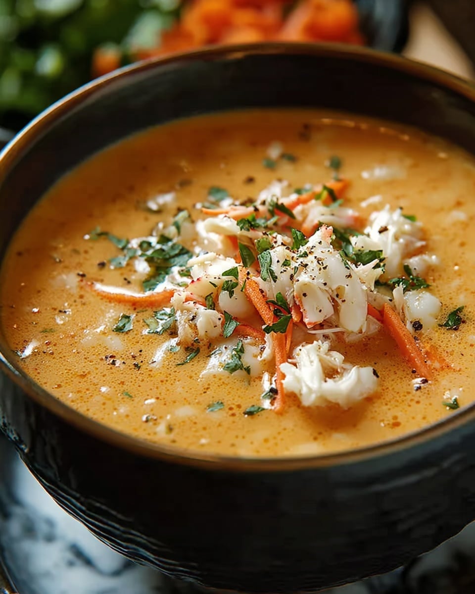 A close-up image of a thick soup served in a dark textured bowl with a smooth rim, filled to the top with a creamy orange broth. Floating on the surface, there are small chunks of white crab meat sprinkled with finely chopped green herbs and a light dusting of black pepper. Thin slivers of orange carrot are spread evenly among the crab pieces, adding color contrast. The bowl sits on a white marbled surface with blurred green and orange elements in the background. The textures appear rich, with a smooth soup base and delicate crab pieces creating a mix of soft and coarse details. Photo taken with an iphone --ar 4:5 --v 7