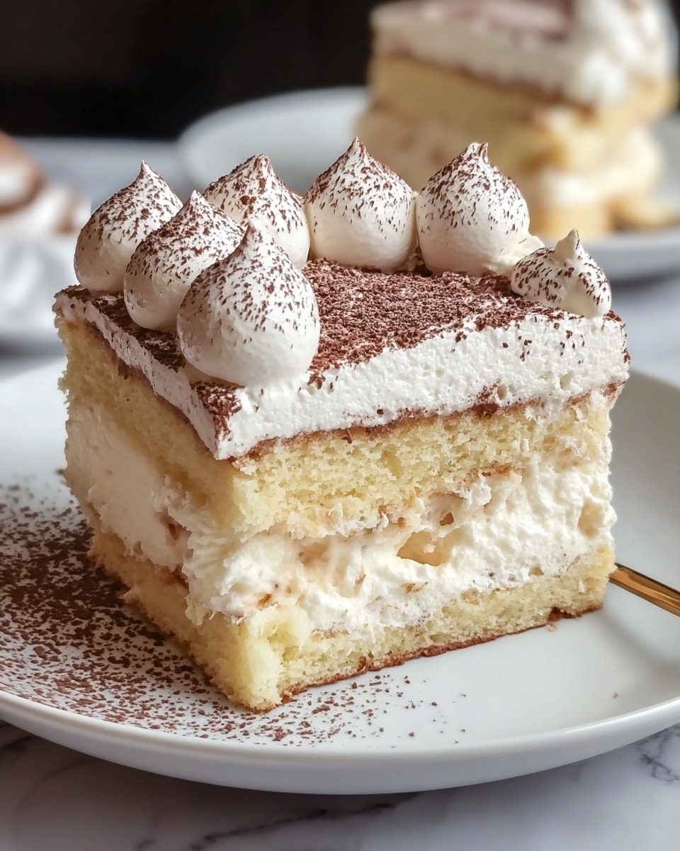 A square piece of layered dessert sits on a white plate, showing two layers of light beige sponge cake soaked in a dark brown syrup. On top of the sponge cake is a thick layer of smooth white cream, dusted with cocoa powder and powdered sugar. The dessert is decorated with several small dollops of white cream on top, each lightly sprinkled with cocoa powder. Some syrup has pooled around the base of the dessert on the plate. A spoon rests beside the dessert on the plate, and the background is a white marbled surface. photo taken with an iphone --ar 4:5 --v 7