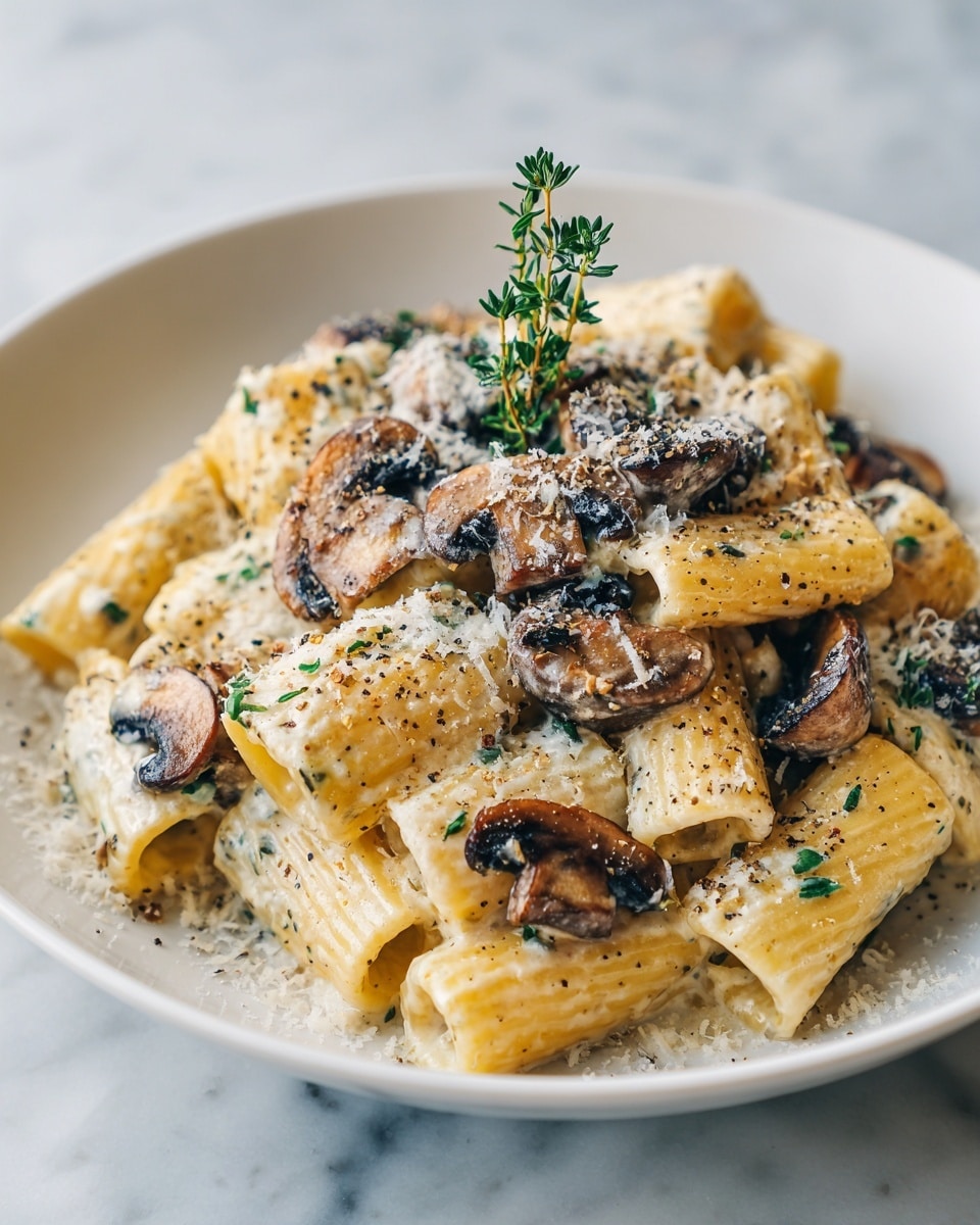 A white plate holds a pile of creamy rigatoni pasta layered at the bottom with thick, pale yellow tubes covered in a speckled herb cream sauce, topped with golden-brown sautéed mushroom slices scattered throughout. The mushrooms add a rich texture and dark color contrast against the pale pasta, while a sprinkle of grated cheese and black pepper is visible across the top, with a sprig of fresh thyme standing upright in the center. The image is set on a white marbled surface with soft lighting highlighting the creamy texture and fresh herbs. Photo taken with an iphone --ar 4:5 --v 7
