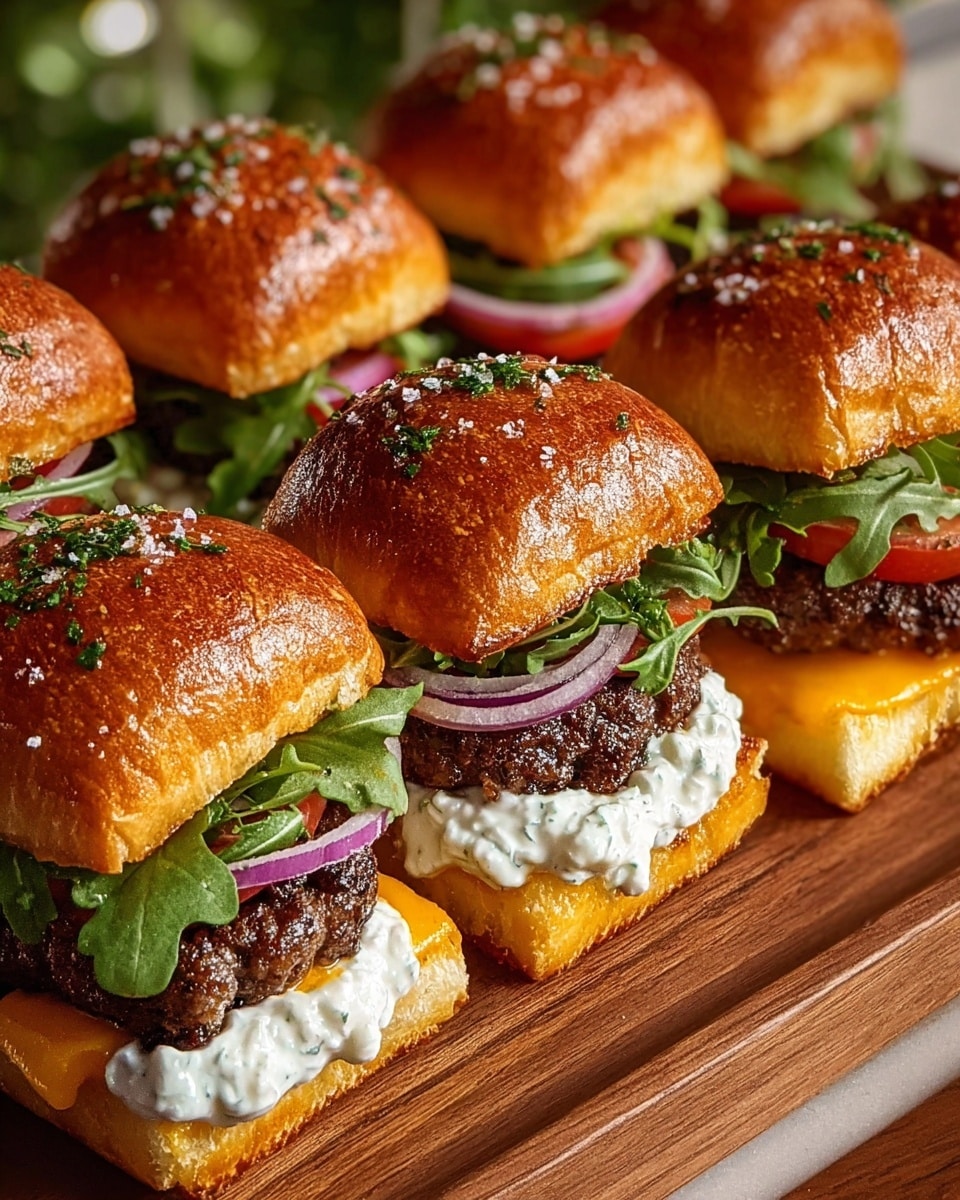 The image shows several small sandwiches arranged neatly in a wooden tray, each sandwich having five layers. The bottom layer is a toasted white bun with a light golden-brown crust, followed by a melted bright orange cheddar cheese slice. On top of the cheese rests a well-grilled, juicy brown beef patty. Above the patty is a thin, circular purple slice of onion, topped with bright green leafy arugula. The next layer is a dollop of white creamy sauce with visible herbs mixed in. The sandwich is capped with a slightly shiny, toasted white bun sprinkled with coarse white salt and small green parsley pieces. The background is a white marbled surface, and a small white ramekin with white sauce sits connected to the tray, photo taken with an iphone --ar 4:5 --v 7