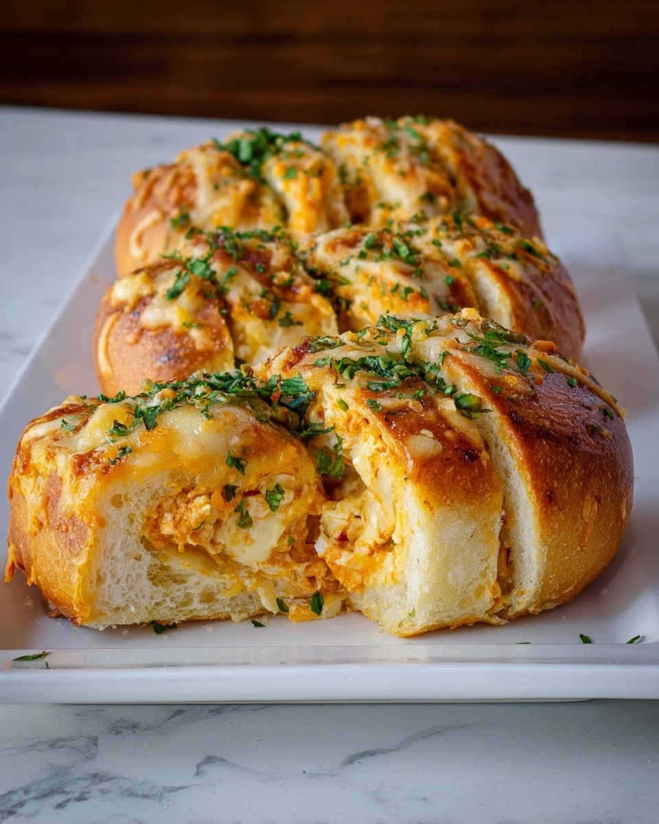 The image shows three stuffed bread rolls placed on a long white rectangular plate set on a white marbled surface. Each roll is sliced into several thick pieces but kept together in the shape of a whole roll. The bread has a golden-brown crust topped with melted cheese and sprinkled with chopped green herbs, adding a fresh pop of color. The inside of the rolls appears soft with a filling that looks like a creamy mixture of cheese and possibly vegetables or chicken, showing a pale orange and white texture. The bread looks freshly baked, with a slightly shiny and soft outer layer. photo taken with an iphone --ar 4:5 --v 7