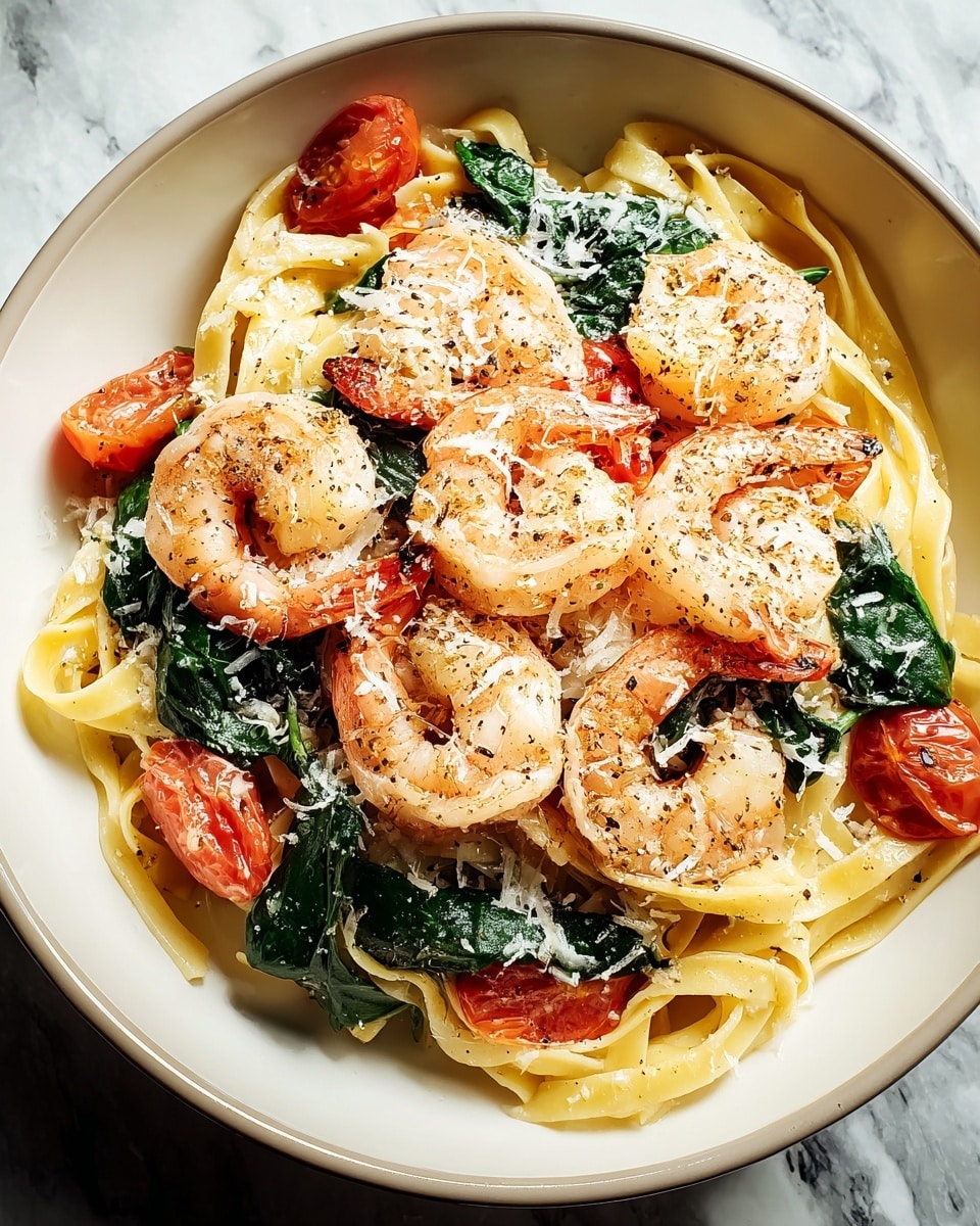 A white bowl filled with three layers: at the bottom a light yellow creamy fettuccine pasta, in the middle bright red cherry tomatoes and dark green spinach leaves, and on top, round, cooked shrimp with a pink and white color, sprinkled with grated white cheese and black pepper. The bowl rests on a white marbled texture surface. photo taken with an iphone --ar 4:5 --v 7