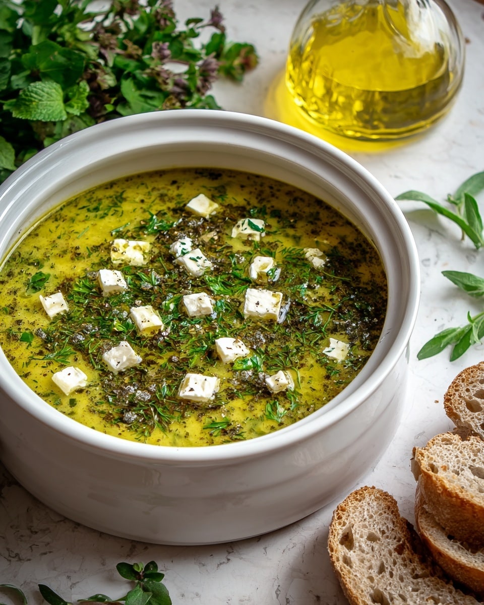 A white bowl filled with a thick greenish-yellow soup layered with dark green herbs and spices evenly spread across the surface, topped with small white cheese cubes scattered throughout; the bowl sits on a white marbled surface with fresh green herbs and a glass bottle of yellow oil in the background, alongside slices of brown crusty bread on the right side. photo taken with an iphone --ar 4:5 --v 7